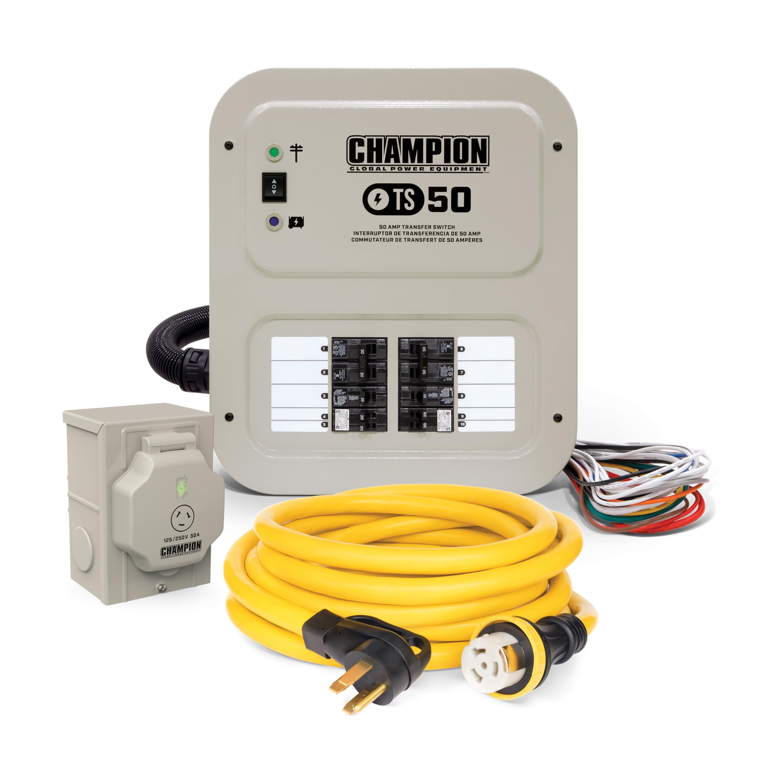 50-Amp Champion Power Equipment Indoor-Rated Manual Transfer Switch with 30-Foot Generator Power Cord and Weather-Resistant Power Inlet Box