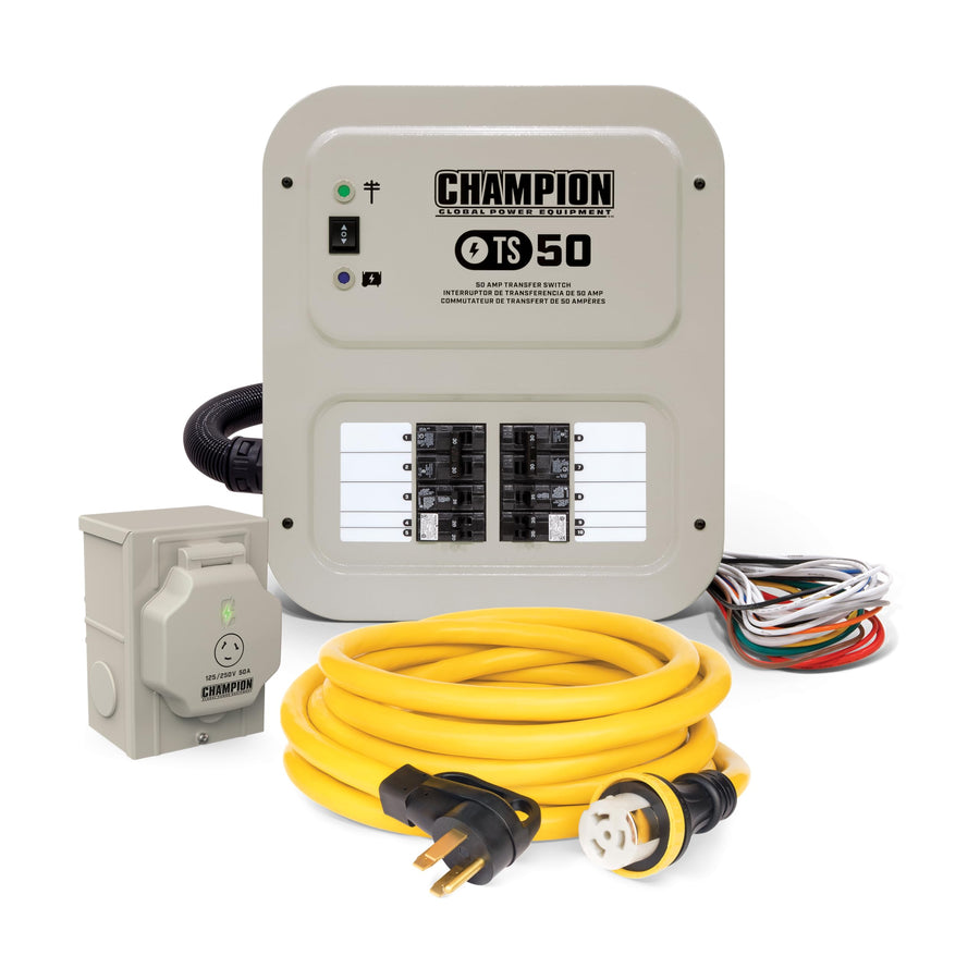 50-Amp Champion Power Equipment Indoor-Rated Manual Transfer Switch with 30-Foot Generator Power Cord and Weather-Resistant Power Inlet Box