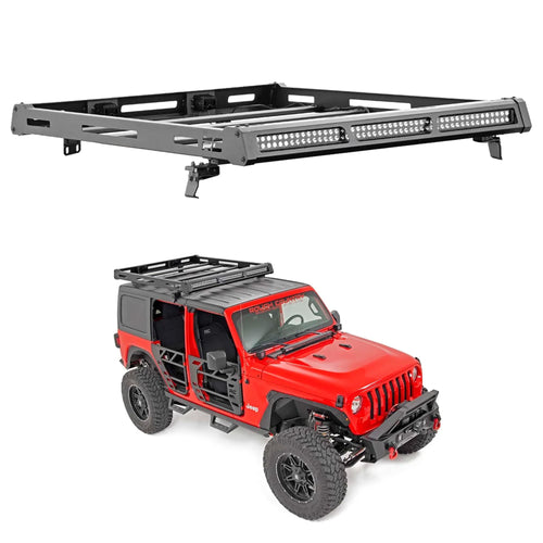 Rough Country Roof Rack for Jeep Wrangler JL (2021–2024) & Unlimited (2018–2025) with LED Lights - Cargo Rack with 50" LED Bar & Dual 2" Flush Mount LEDs, Freedom Top Compatible