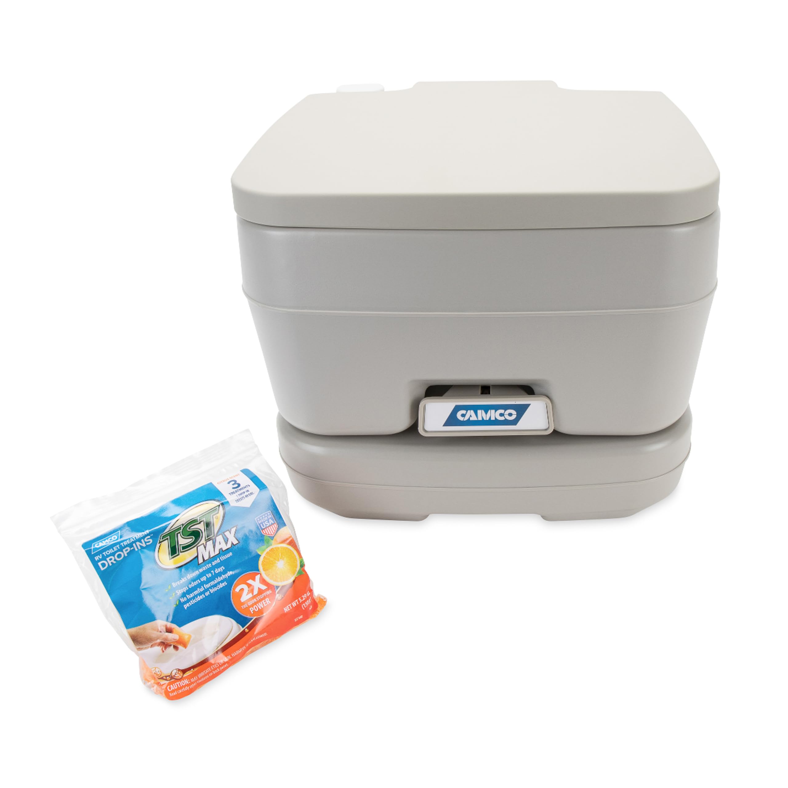 2.6-Gallon Camco Portable Toilet - Features Detachable Holding Tank w/Sealing Slide Valve & Bellow-Type Flush - Easy Transport w/Compact Lightweight Design & Carry Handle - Gray (41531)