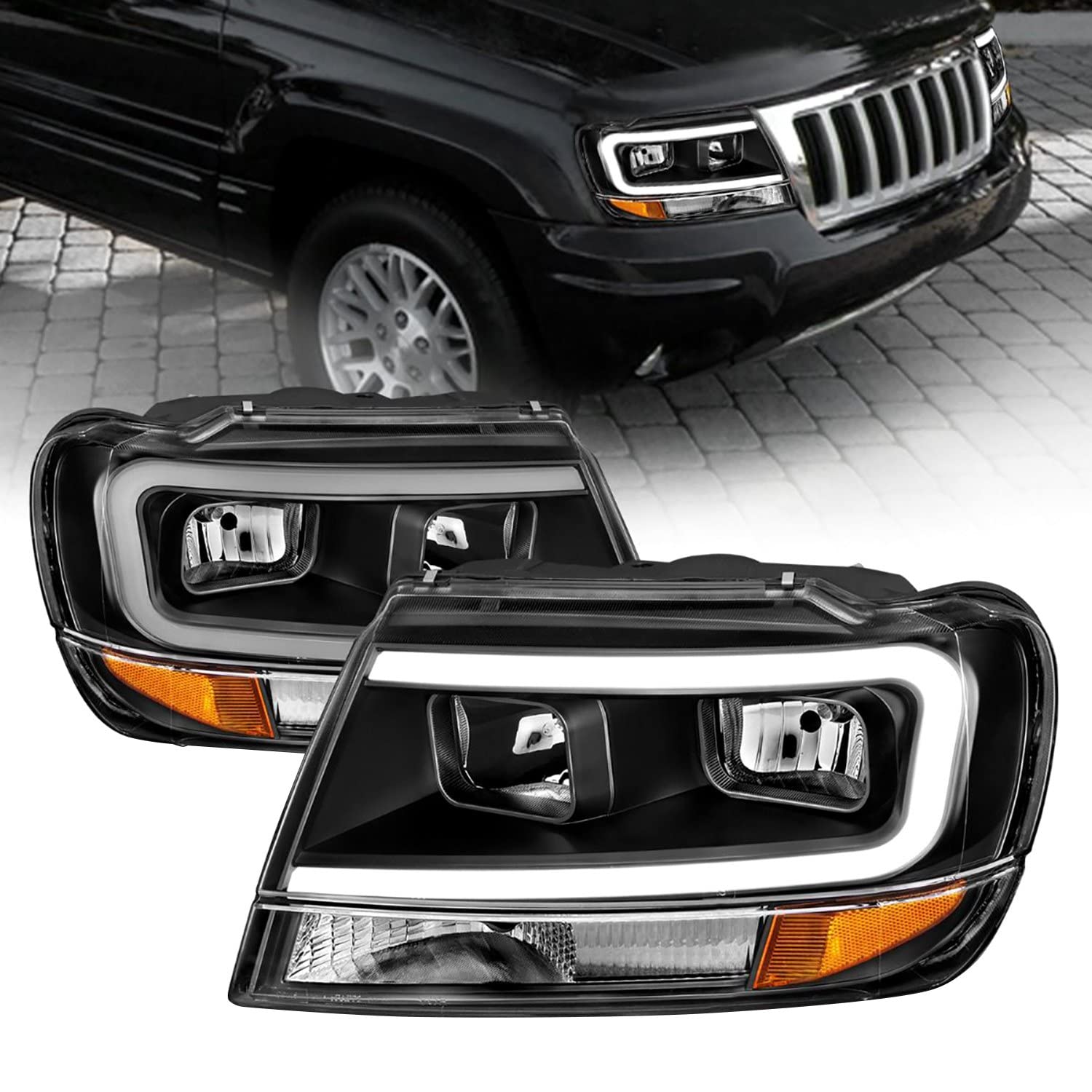 99-04 Jeep Grand Cherokee ANZO Crystal Headlights - w/Light Bar Black Housing (111537)