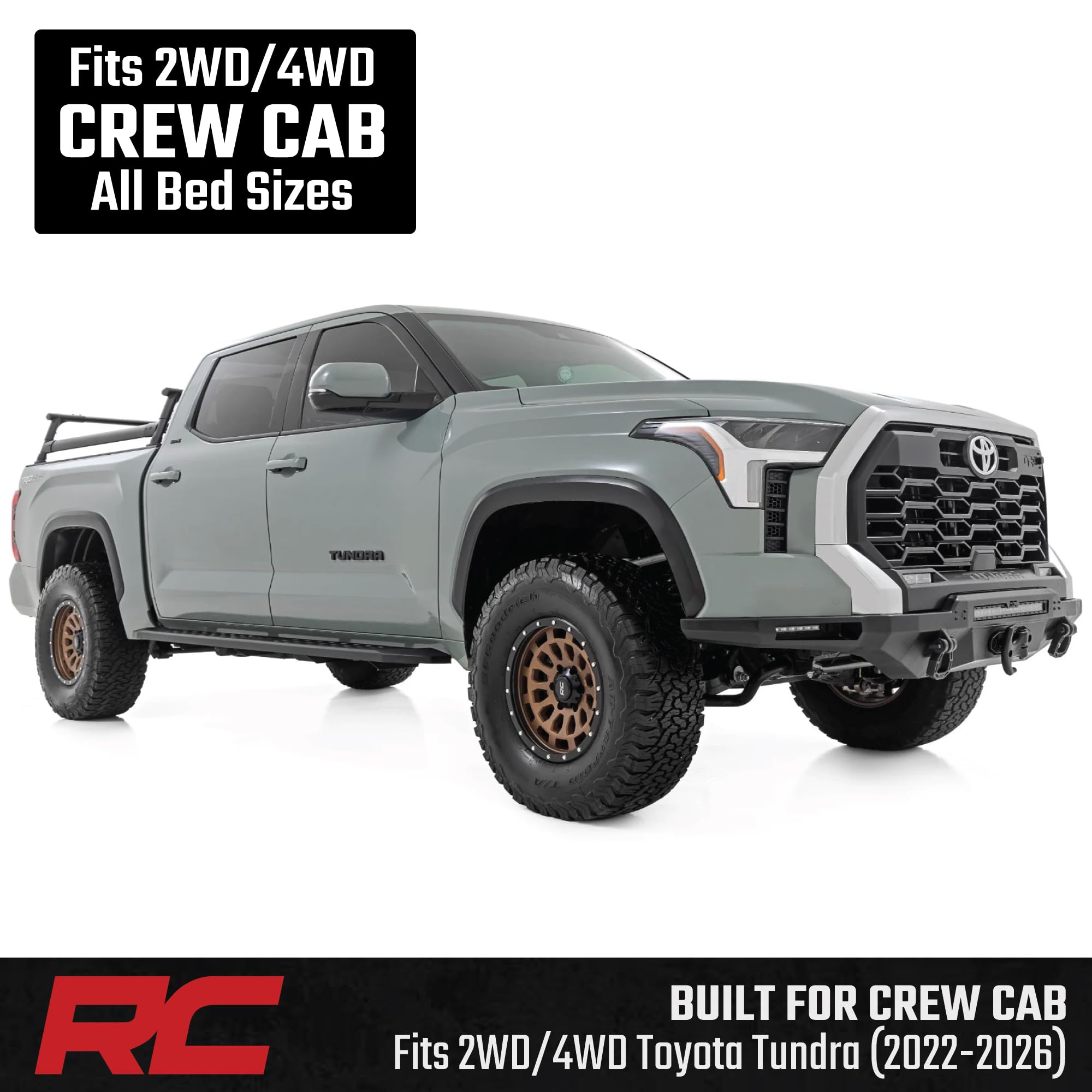 Rough Country Running Boards RPT2 for Toyota Tundra (2022–2026) – Fits Crew Cab 2WD/4WD, 6.75" Steel Side Steps, No-Drill Install, Matte Black Raptor-Style Rails