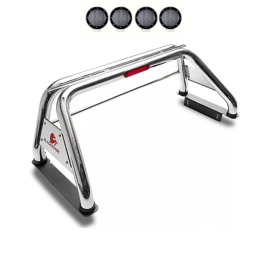 Classic Roll Bar Black Horse Incl. Set of 5.3" Dia.LED Lights w/Black Trim Rings Stainless Steel Compatible with 2015-2024 Chevrolet Colorado|2015-2024 GMC Canyon|15-24 Toyota Tacoma-RB003SS-PLFB