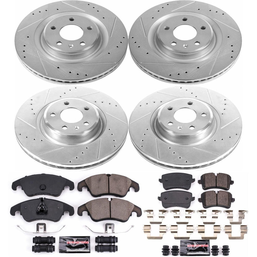 Power Stop K6141 Z23 Carbon Fiber Brake Pads Front and Rear with Drilled & Slotted Brake Rotors Kit and 1 Front & 1 Rear Sensor Wires For Audi A6, Audi A6 Quattro, Audi A7 Quattro [Model Specific]