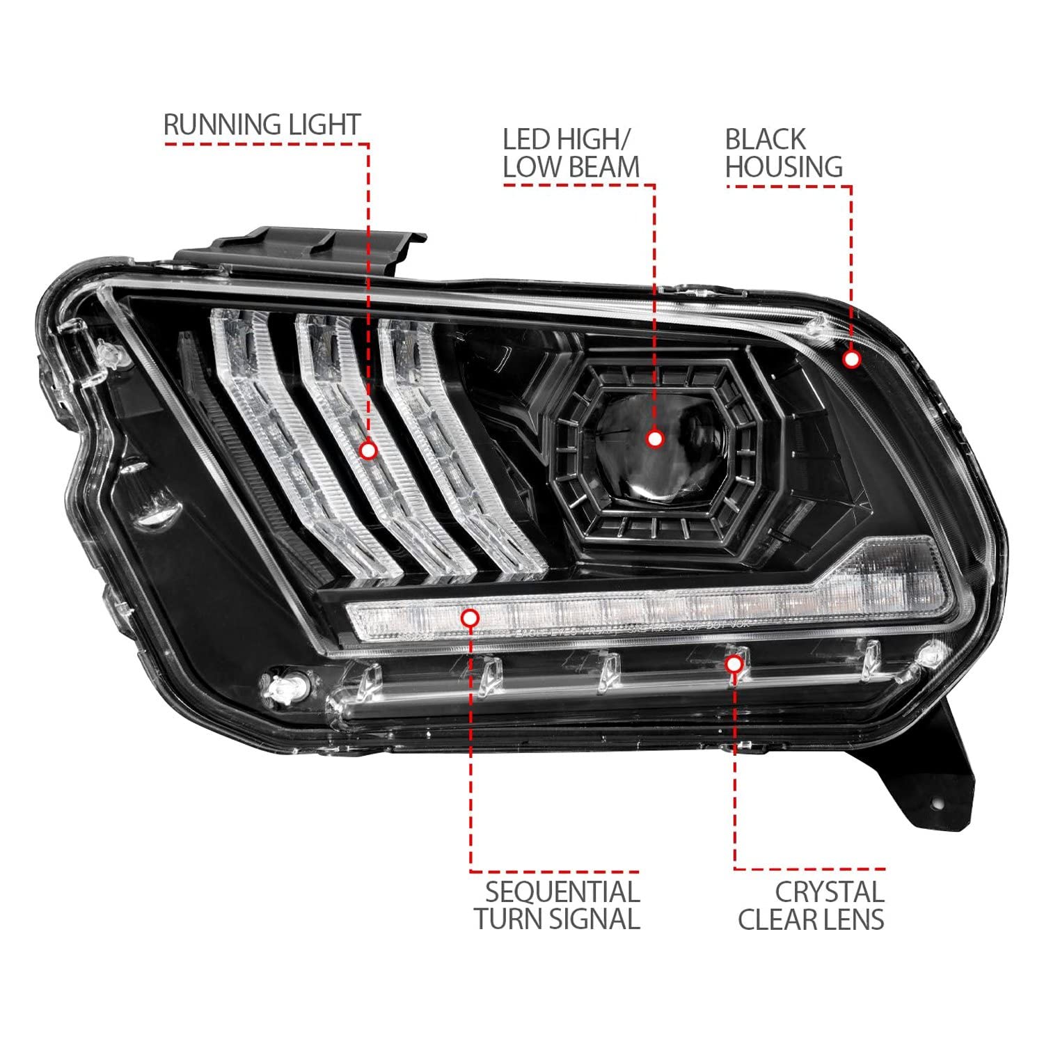 Projector Headlights ANZO 13-14 Ford Mustang (w/Factory HID/Xenon HL only) Black w/Light Bar