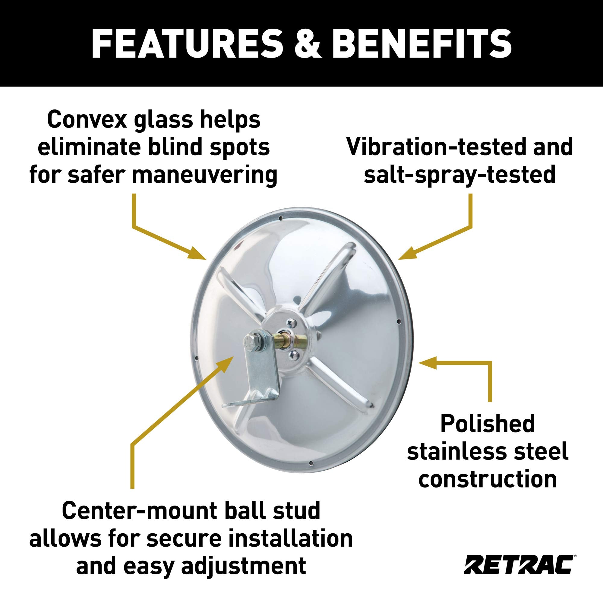 8-Inch Stainless Steel RETRAC Center-Mount Convex Mirror Head with J-Bracket, Universal Driver or Passenger Side