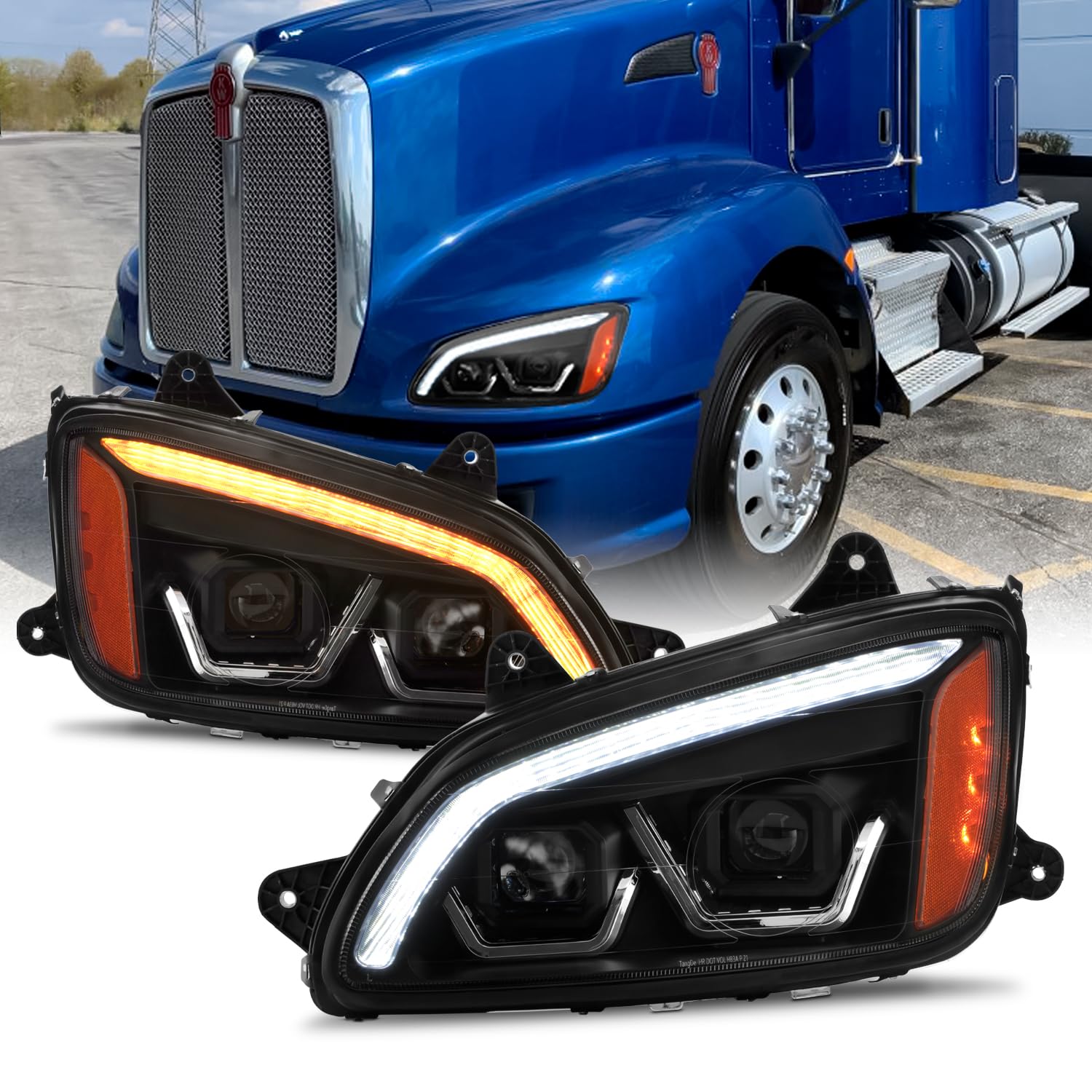 AKKON - 2008-2017 Fit Kenworth T660 08-17 LED DRL Switchback Projector Headlight Black Assembly Driver + Passenger Set