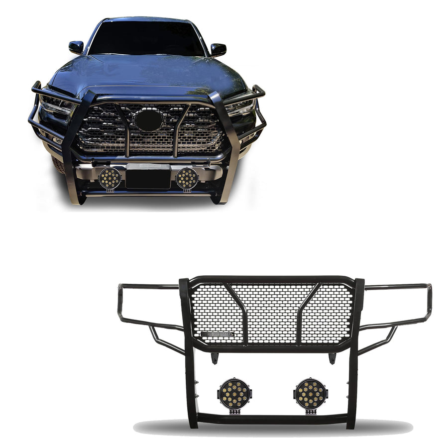 Heavy Duty Black Horse Rugged Grille Brush Bumper Guard Modular Black Come with Pair of 7.0" Dia.LED Lights with Black Trim Rings Compatible with 2016-2023 Toyota Tacoma-RU-TOTA16-B-PLB