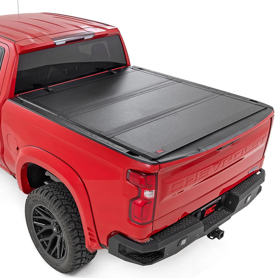 Rough Country Hard Tri-Fold Truck Bed Flip Up Cover for Chevy Silverado & GMC Sierra 1500 (2019-2026) - Flush Aluminum Bed Cover, Fits 5'10 Short Bed