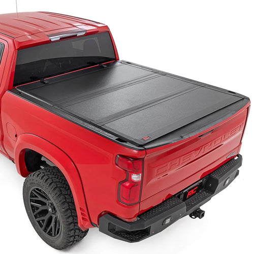 Rough Country Hard Tri-Fold Truck Bed Flip Up Cover for Chevy Silverado & GMC Sierra 1500 (2019-2026) - Flush Aluminum Bed Cover, Fits 5'10 Short Bed