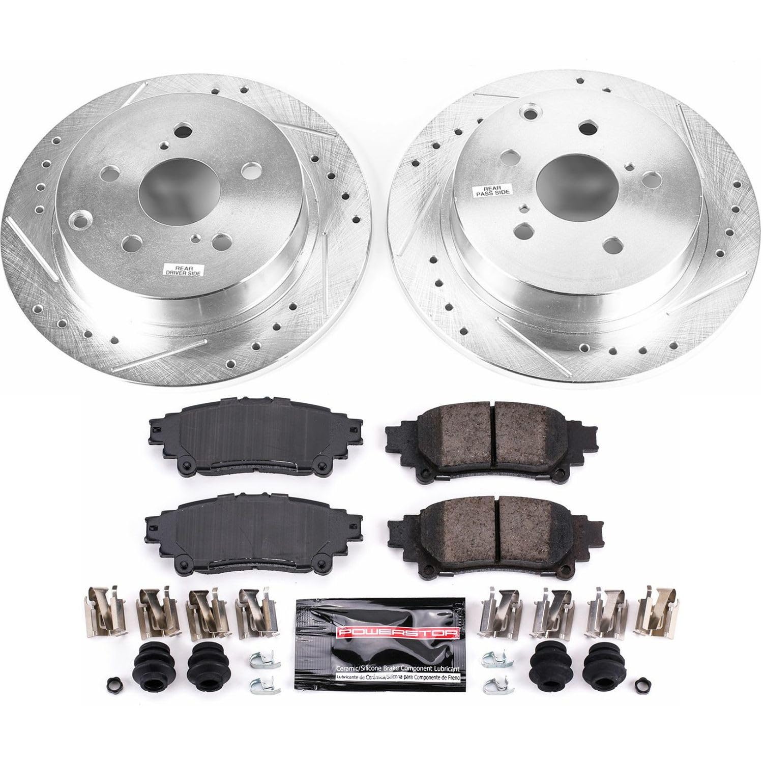 Power Stop K6099 Z23 Carbon Fiber Brake Pads Rear with Drilled & Slotted Brake Rotors Kit For Toyota Mirai 2016-2019, Toyota Prius V 2012-2017 [Model Specific]