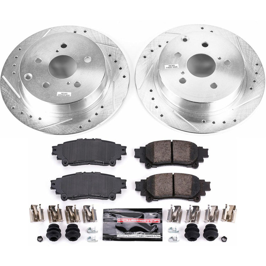 Power Stop K6099 Z23 Carbon Fiber Brake Pads Rear with Drilled & Slotted Brake Rotors Kit For Toyota Mirai 2016-2019, Toyota Prius V 2012-2017 [Model Specific]