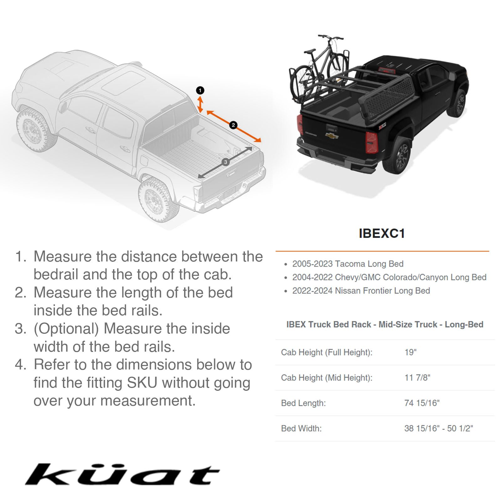 KUAT Ibex Durable Versatile Lightweight Aluminum Adjustable Truck Bed Rack - Stainless Steel Hardware Included | 1,200 LBS Static & 300 LBS Dynamic Weight Capacity, IBEXC1 - Mid-Size - Long-Bed