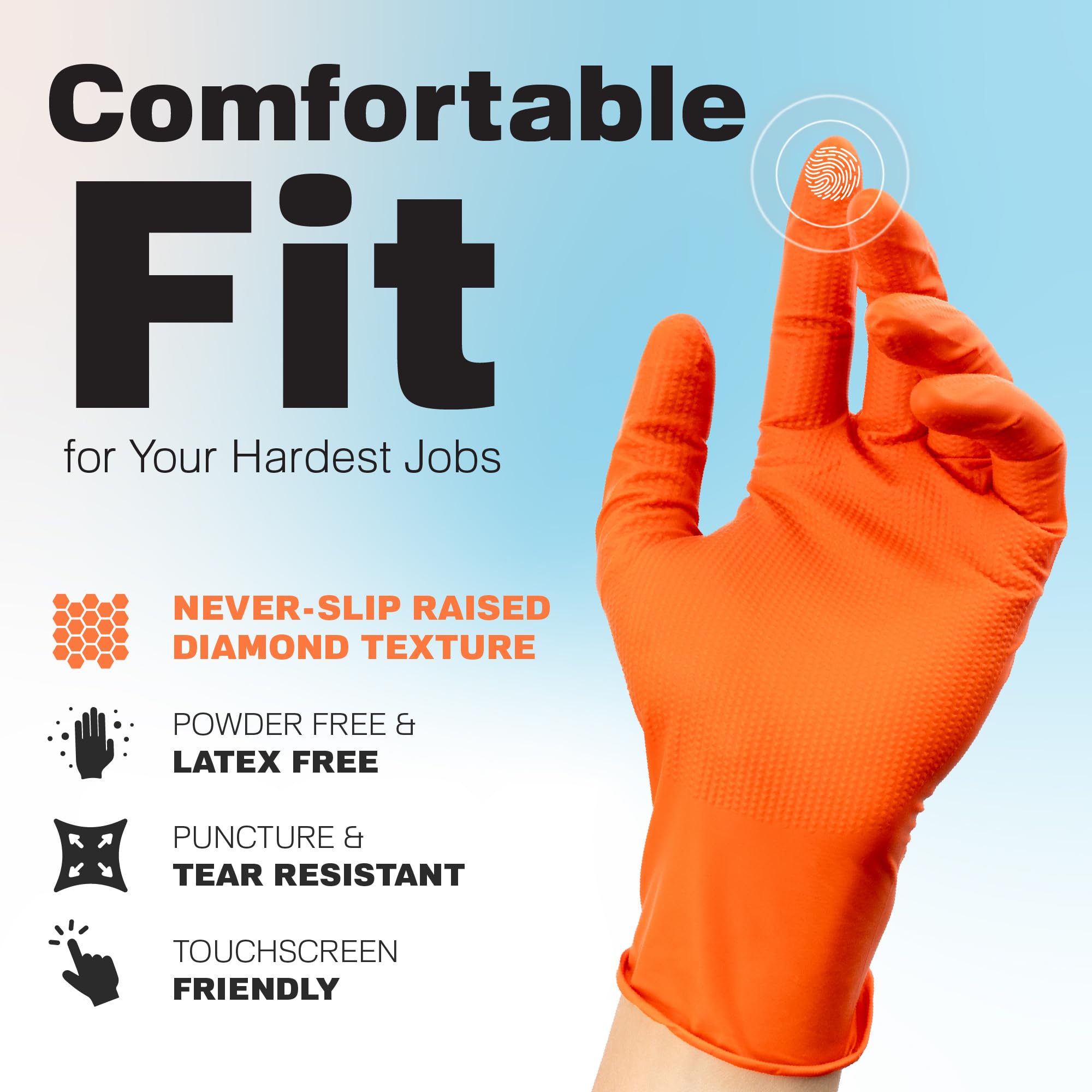 Orange Raxwell Nitrile Gloves 8.5 Mil - Powder-Free Puncture-Resistant Protection - Diamond-Texture Work Gloves with Grip - X-Large - 100 Count