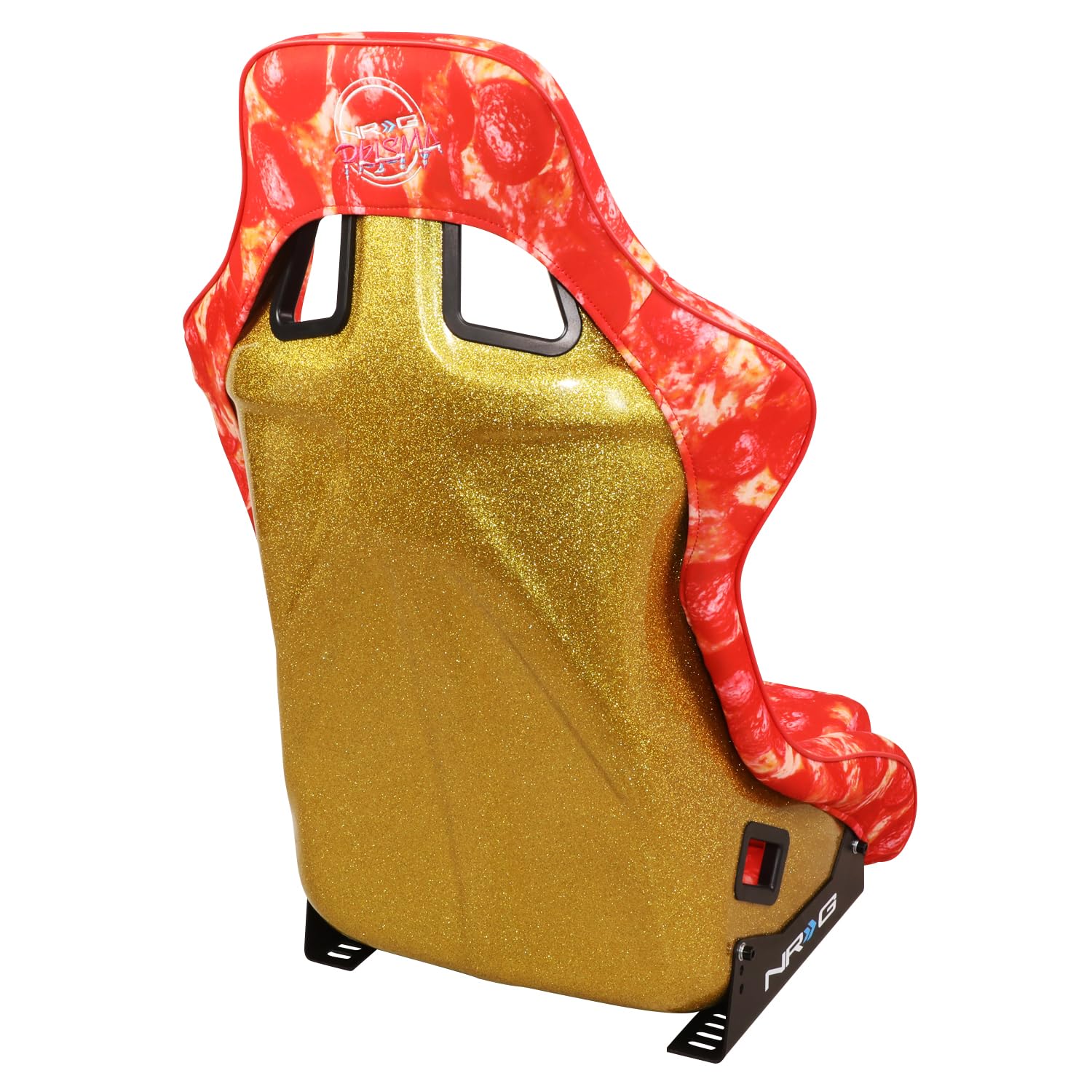 NRG Innovations FRP Bucket Seat NRG-FRP-302-PIZZA PRISMA-ULTRA Slice Edition with Gold Back Pizza Microfiber Finish Vegan Material Plus Phone Pockets. (Large)