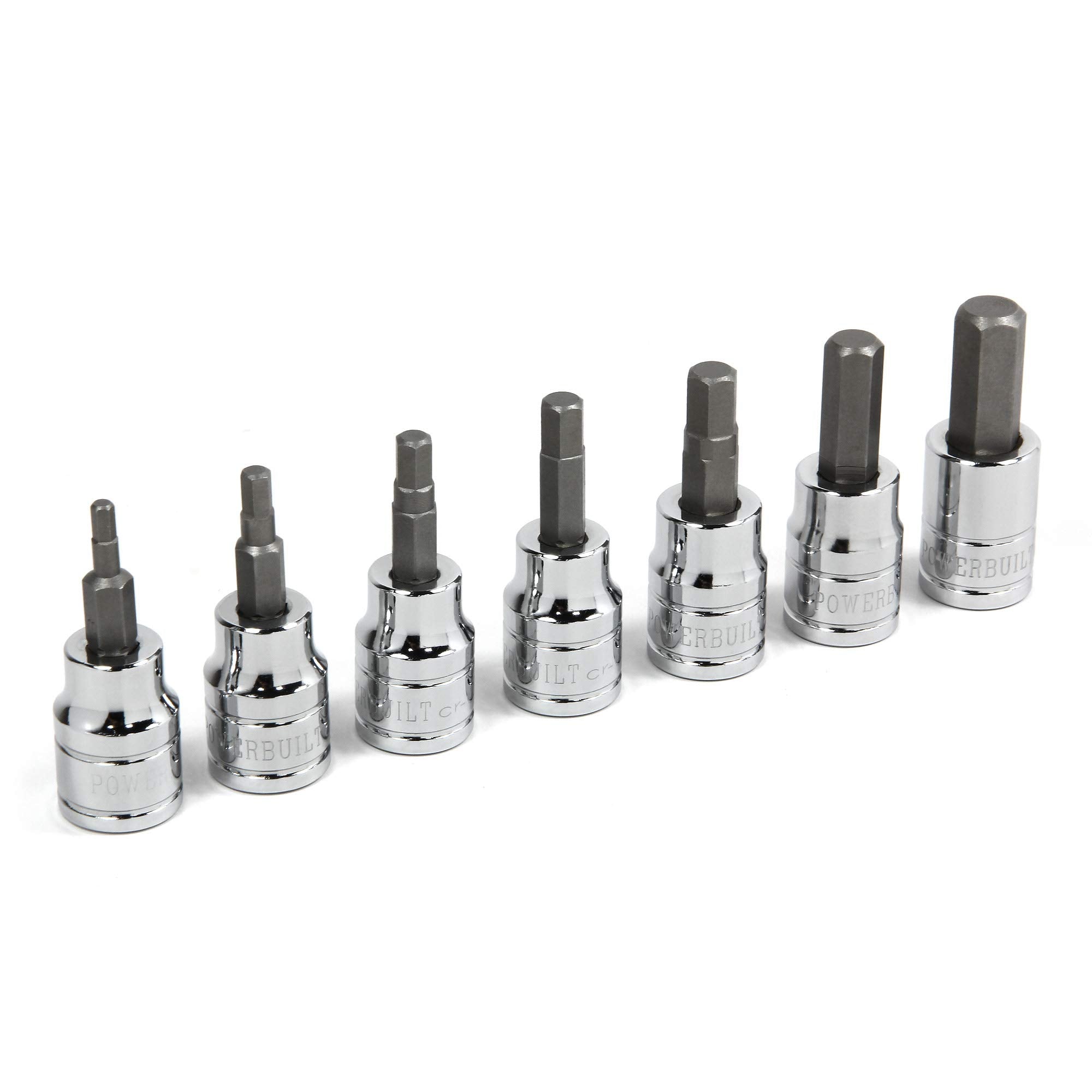 7 Piece Powerbuilt 3/8 Inch Drive Metric Hex Bit Socket Set, Includes 3mm-8mm and 10mm, Hangable Storage Tool Holder - 648663