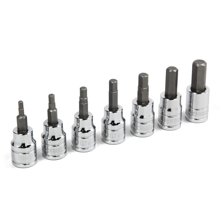 7 Piece Powerbuilt 3/8 Inch Drive Metric Hex Bit Socket Set, Includes 3mm-8mm and 10mm, Hangable Storage Tool Holder - 648663