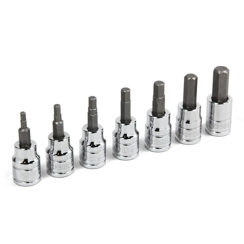 7 Piece Powerbuilt 3/8 Inch Drive Metric Hex Bit Socket Set, Includes 3mm-8mm and 10mm, Hangable Storage Tool Holder - 648663