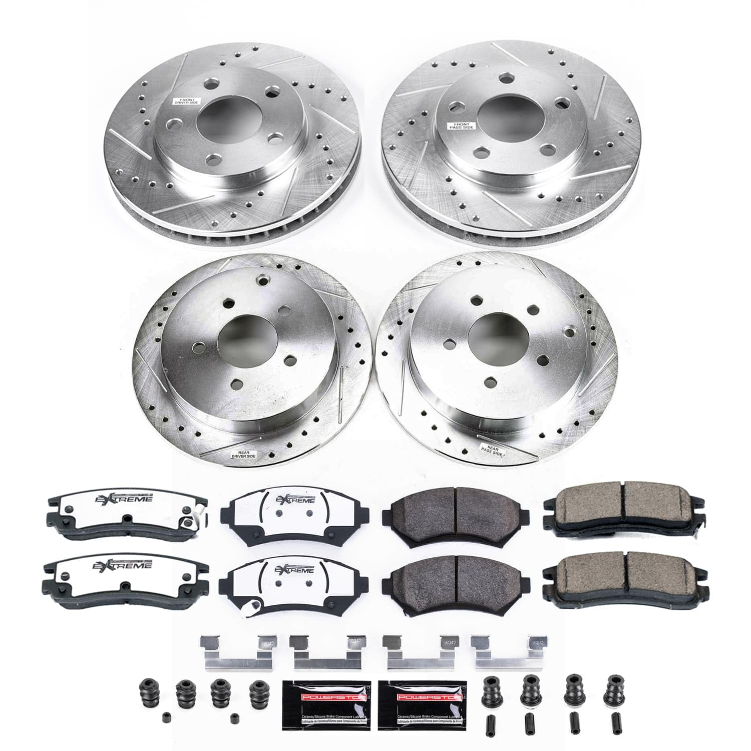 Power Stop Z26 Carbon-Fiber Ceramic Brake Pads with Drilled and Slotted Rotors Brake Kit Front and Rear For Oldsmobile Silhouette 2002-2004 [Application Specific]