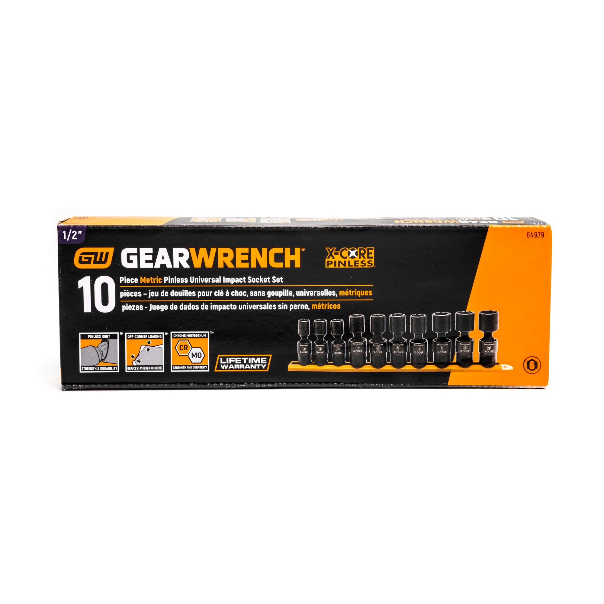 10 Pc. GEARWRENCH 1/2" Drive 6 Point Standard X-Core Pinless Universal Impact Metric Socket Set - 84979, Black