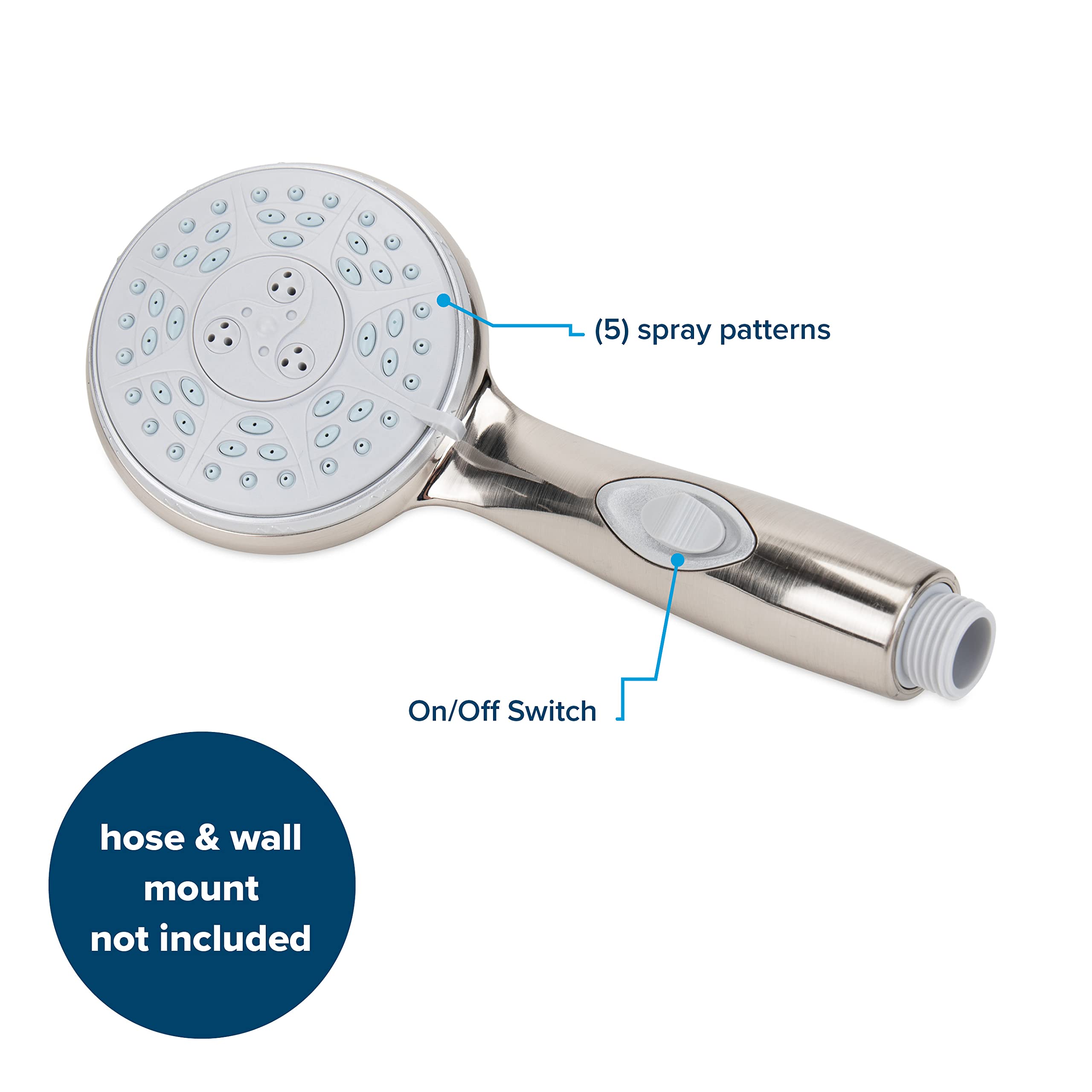 Shower Head Camco RV/Marine | Features Convenient On/Off Switch for Water Efficient Showers | 5 Spray Patterns | Brushed Nickel (43746)