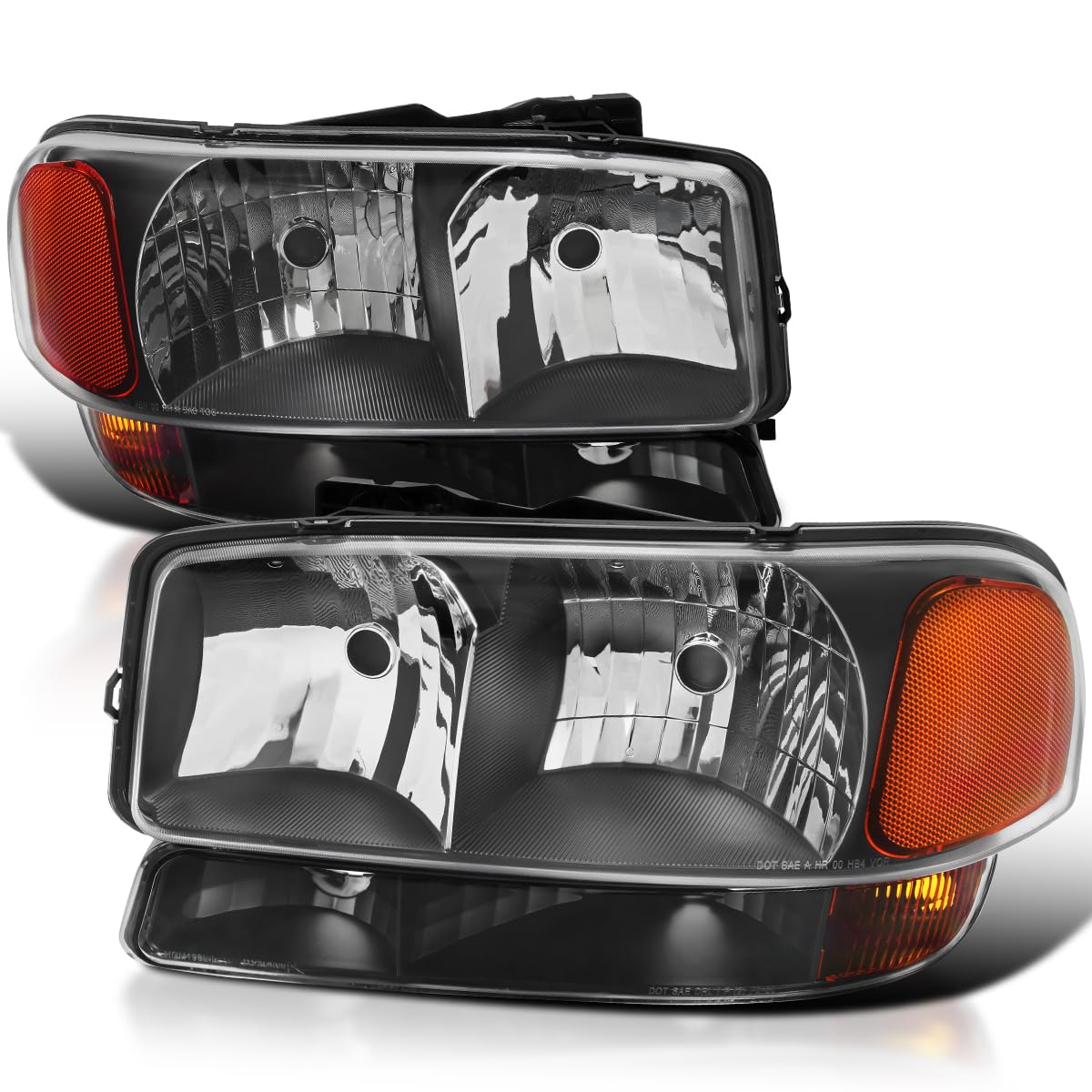 Black Spec-D Tuning Headlights + Bumper Lights Compatible with 1999-2006 GMC Sierra Yukon 1500 2500 3500, Left + Right Pair Headlamps Assembly