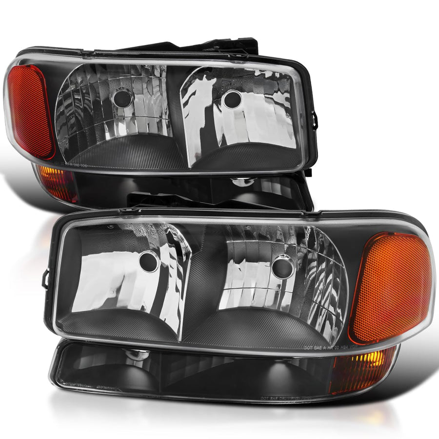 Black Spec-D Tuning Headlights + Bumper Lights Compatible with 1999-2006 GMC Sierra Yukon 1500 2500 3500, Left + Right Pair Headlamps Assembly