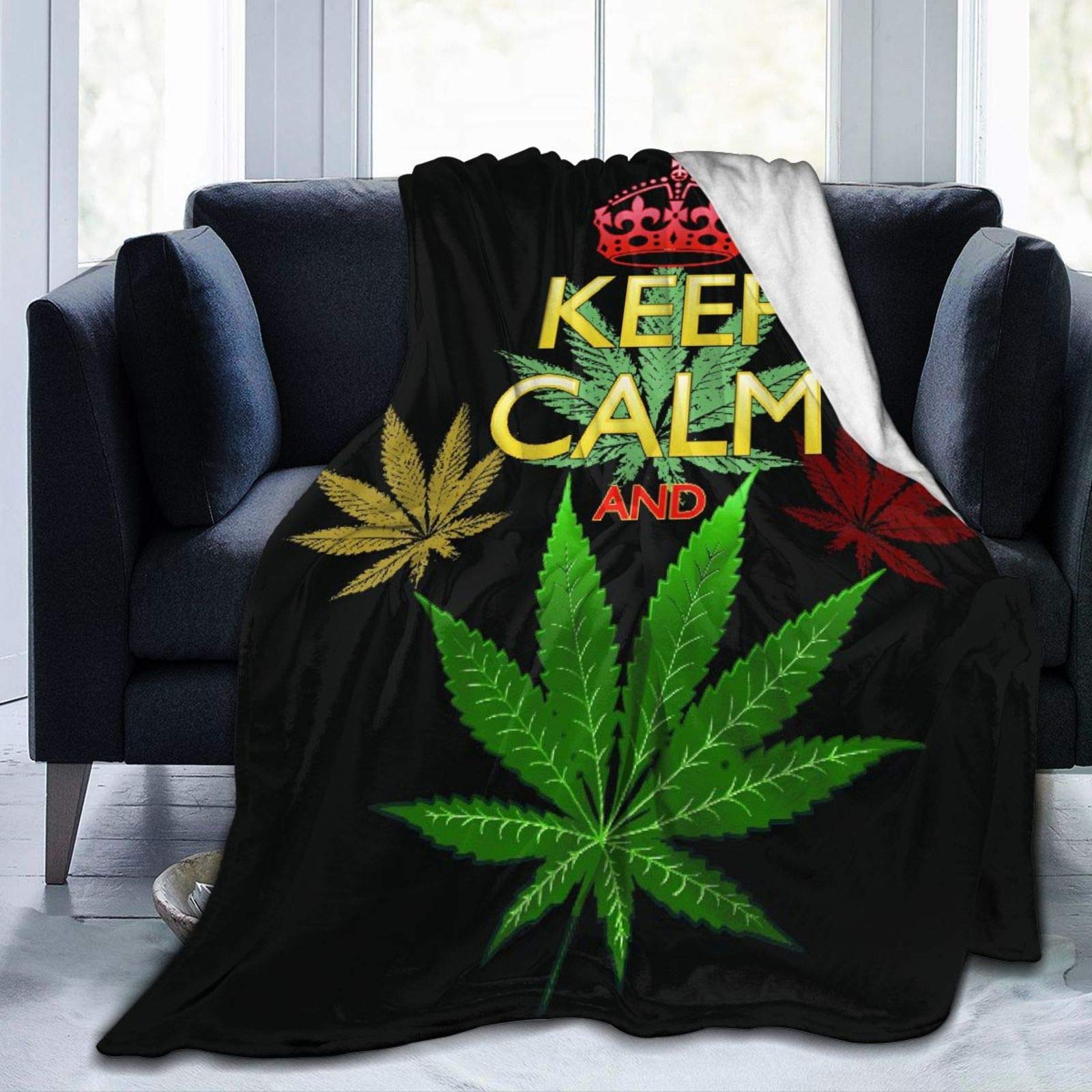 Janrely Custom Personalized Throw Blanket, Keep Calm and Marijuana Leaf On Black, Soft Comfortable Plush Blanket for Sofa Bedroom Travel Fluffy Blanket 40"X50"