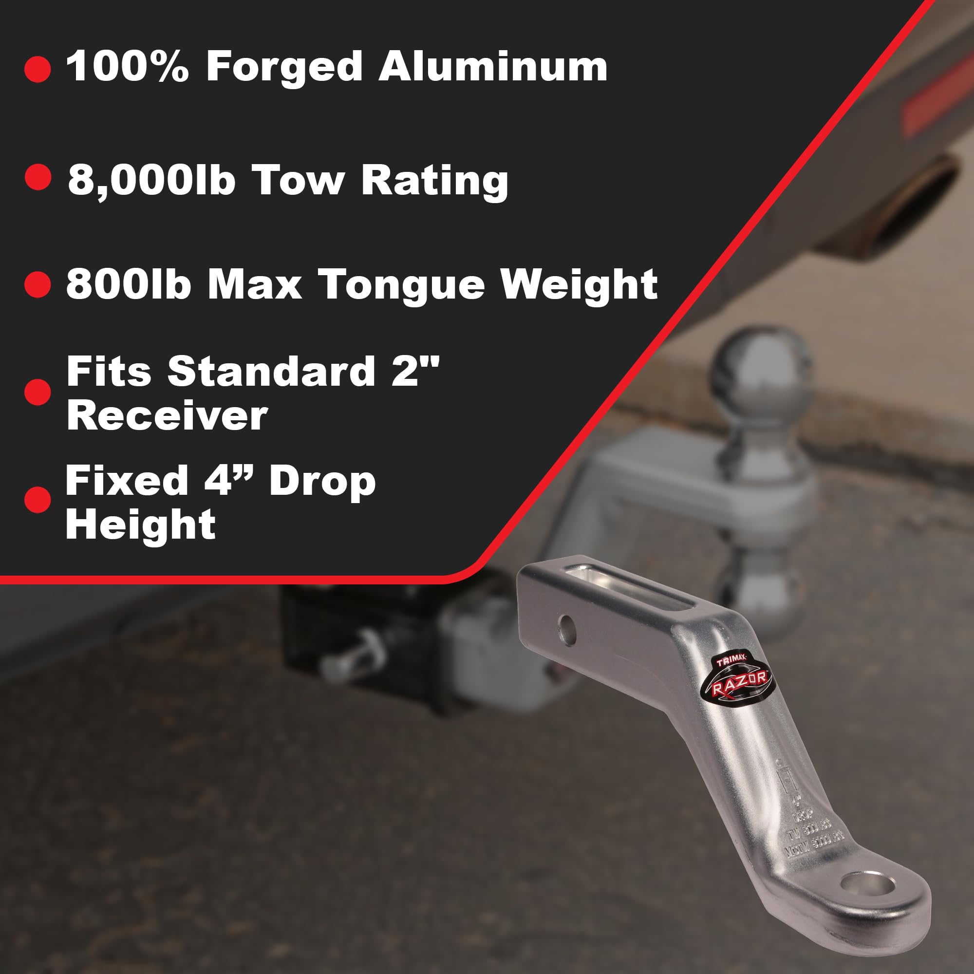 Trimax 4 Inch TRZ4ALFM Forged Aluminum Drop Hitch, Fixed Ball Mount Drop Hitch 2 Inch Receiver - 8,000 Ib Tow Rating, 800 lb Tongue Capacity