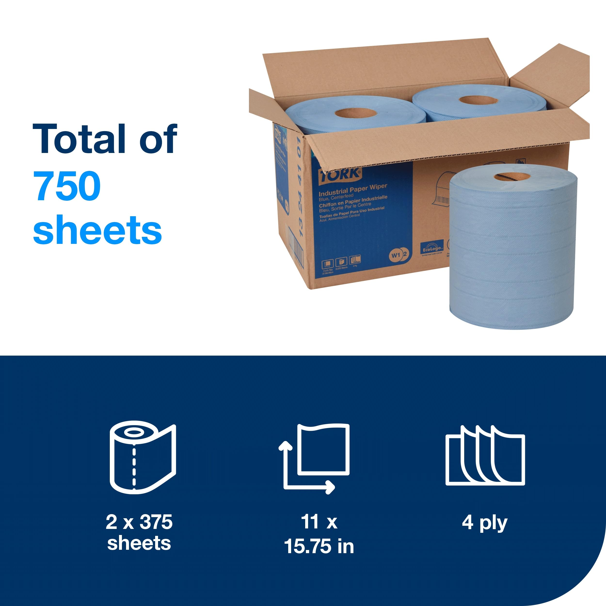 Tork Blue Industrial Wiper W1/W2, Centerfeed, 2 x 375 Sheets, 13244101