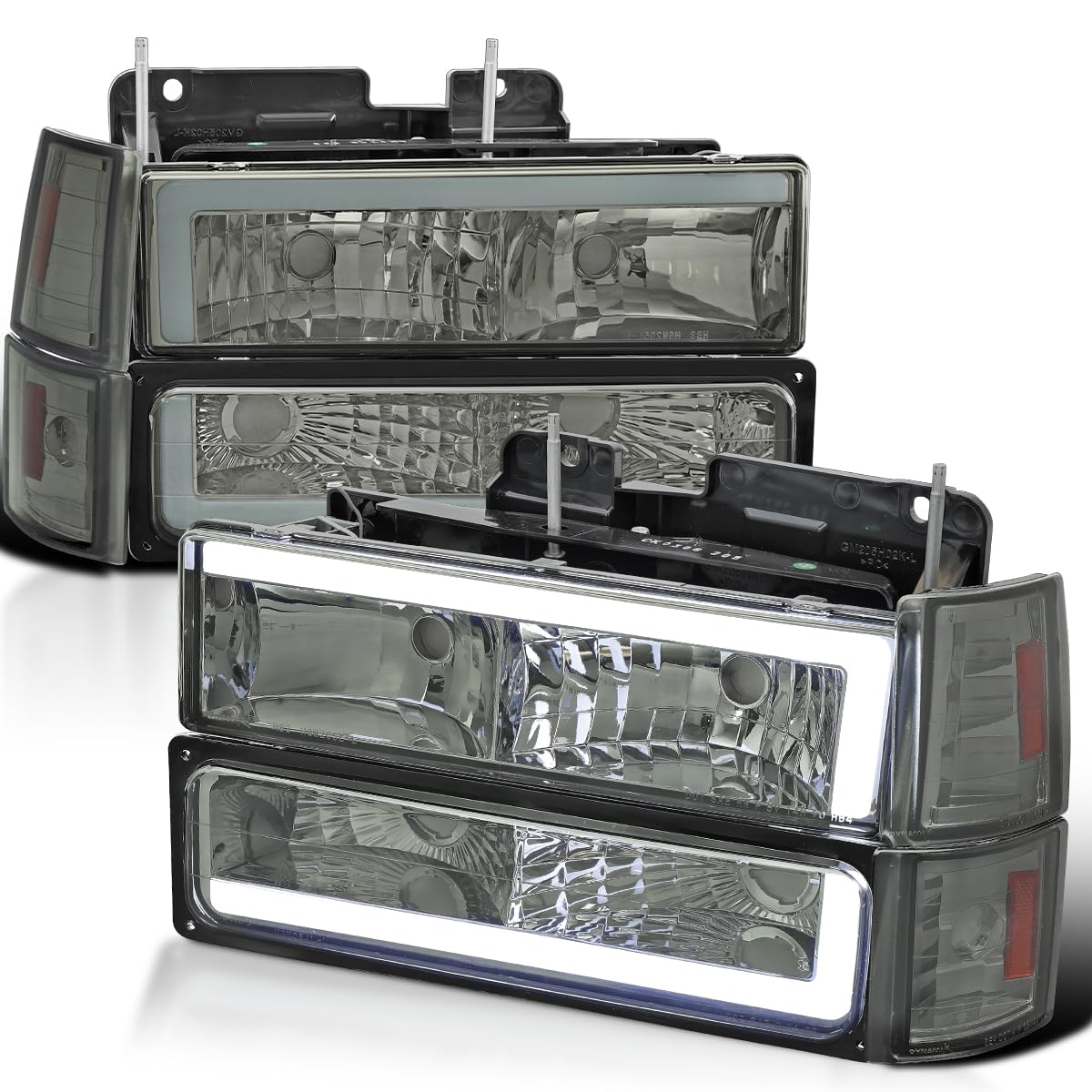 Smoke LED Tube Headlights + Bumper Parking + Corner Lights SPEC-D TUNING Compatible with 1994-1998 GMC C10 Pickup Sierra Suburban Yukon Left + Right Pair Assembly