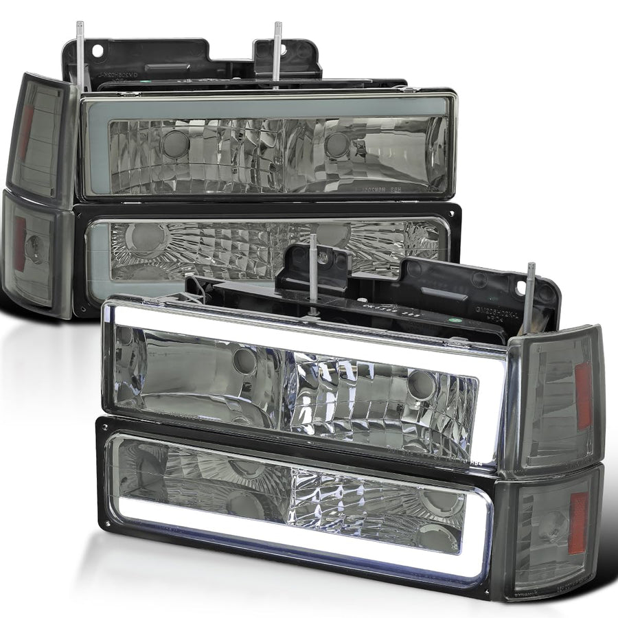 Smoke LED Tube Headlights + Bumper Parking + Corner Lights SPEC-D TUNING Compatible with 1994-1998 GMC C10 Pickup Sierra Suburban Yukon Left + Right Pair Assembly