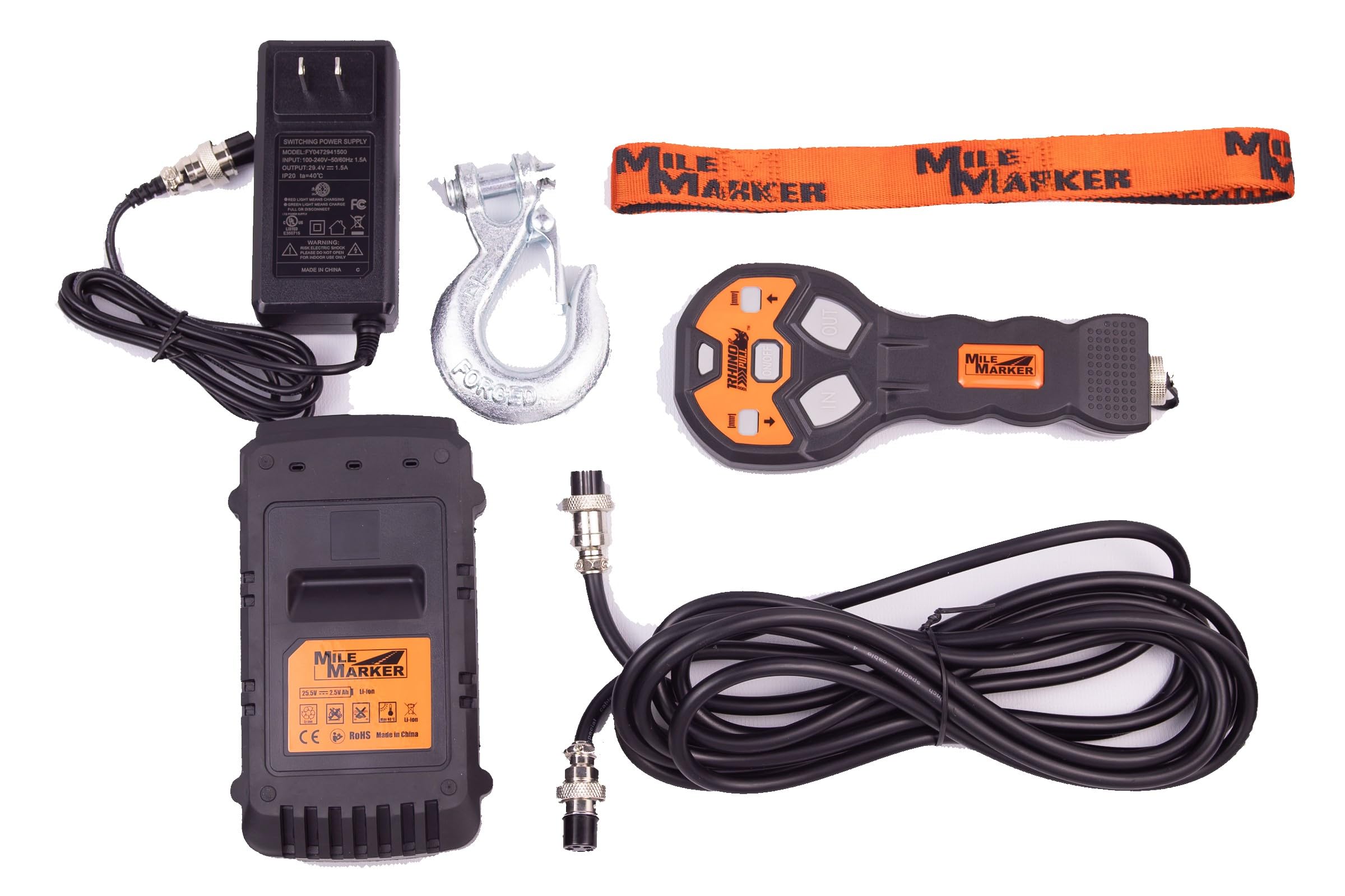 Rhino Pull 1000 Mile Marker Portable Electric Winch | 39 Feet of Synthetic Rope | Lifts or Pulls Up to 1000 Pounds | Brushless Motor | Variable Speed | Wired & Wireless Remote