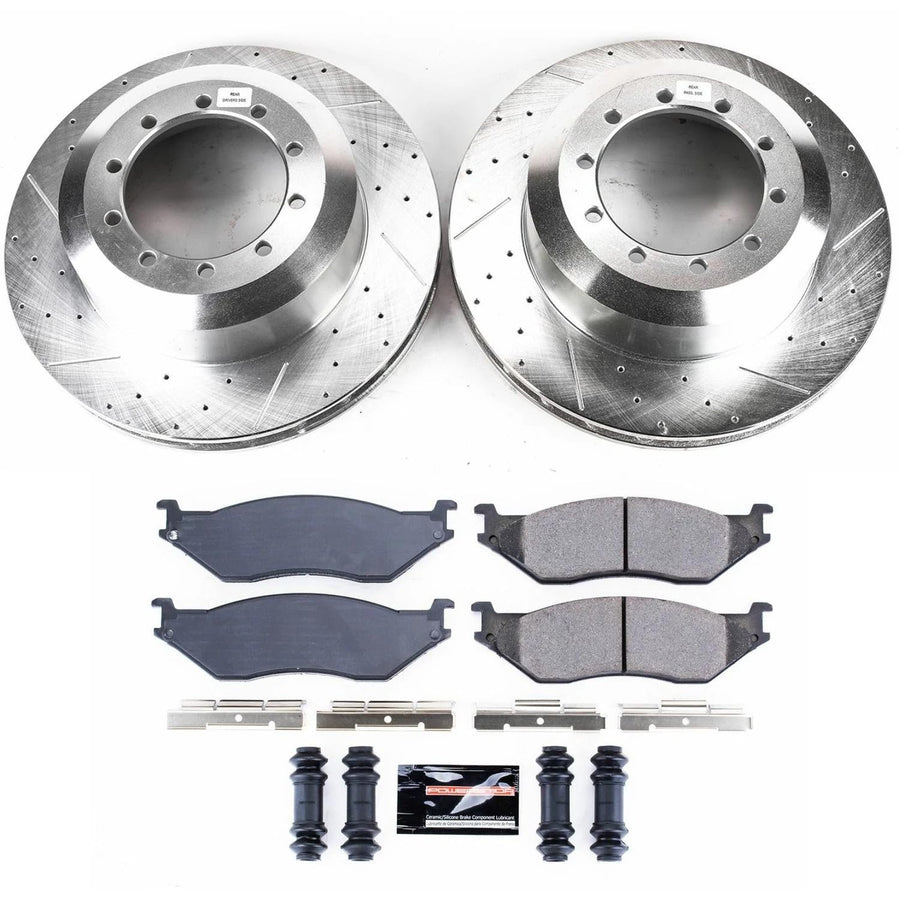 Power Stop K7820 Z23 Carbon Fiber Brake Pads Front and Rear with Drilled & Slotted Brake Rotors Kit For Ford F-53 Motorhome Chassis 1999-2001 [Model Specific]