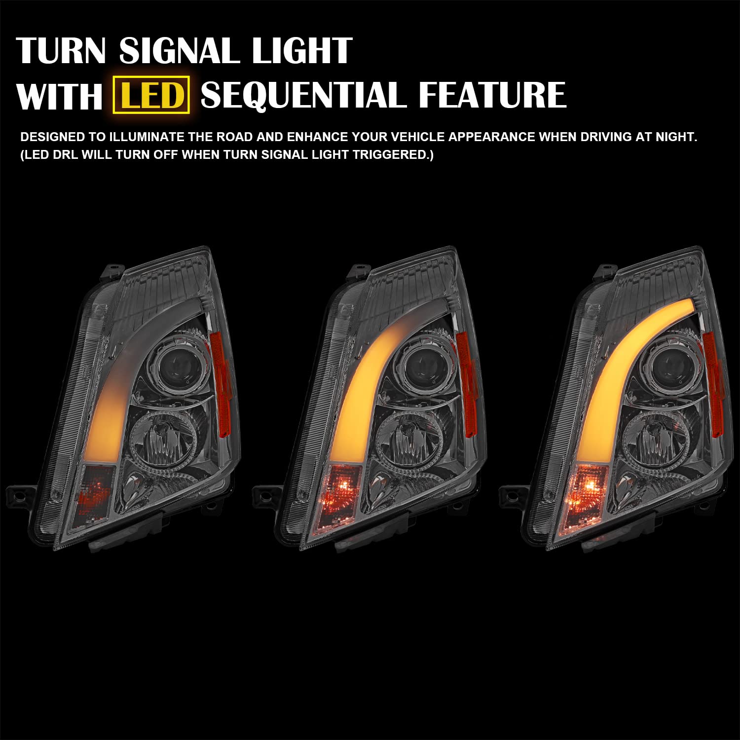 Chrome LED Switchback Projector Headlights SPEC-D TUNING Compatible with 2008-2014 Cadillac CTS, Left + Right Pair Headlamps Assembly