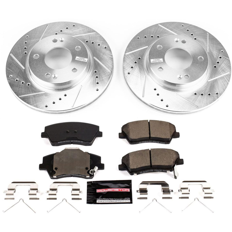 Power Stop K7893 Z23 Carbon Fiber Brake Pads Front with Drilled & Slotted Brake Rotors Kit For Hyundai Ioniq 2017-2022, Kia Niro 2017-2022 [Model Specific]