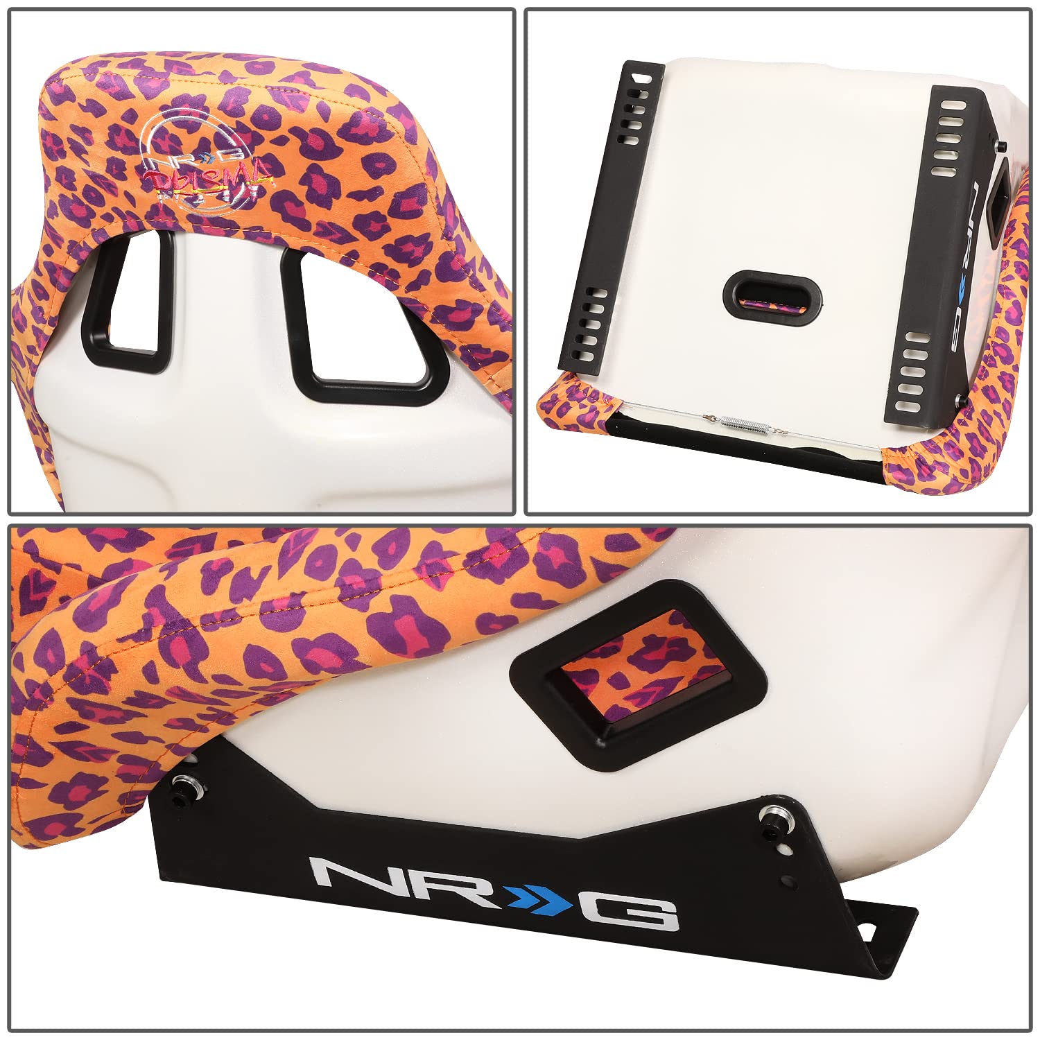 NRG Innovations Prisma Fixed Back Bucket Racing Seat NRG-FRP-302-OR-SAVAGE Bottom Mount Bracket, Orange Savage Leopard Print Fabric White Pearl Back, Orange Leopard Print, 24" W X 36" H X 18" D