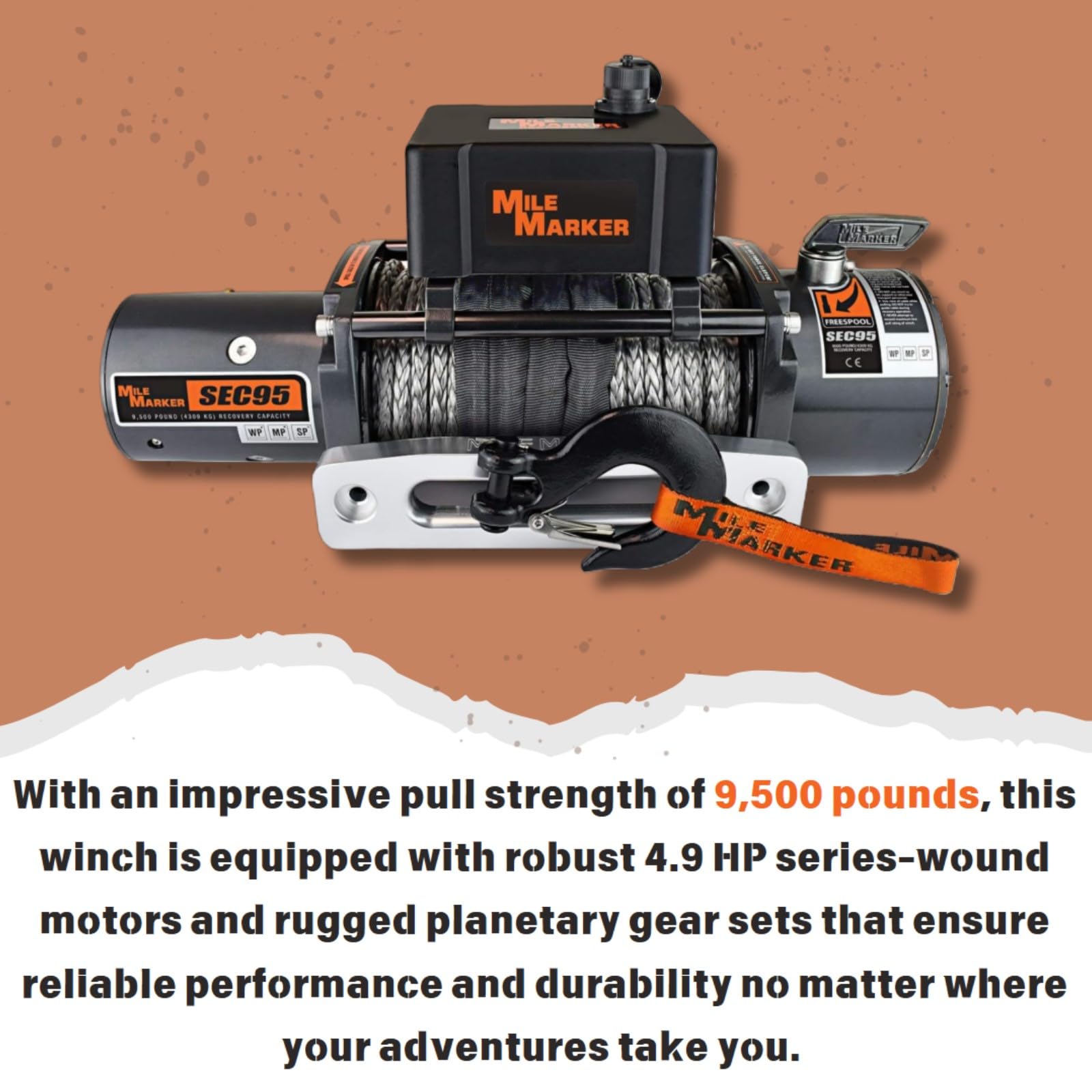 SEC95 Mile Marker 76-53246BW Winch - 9500 lb. Weight Capacity - Synthetic Rope & Hawse Fairlead - Remote with 12’ Cord - User Friendly - Integrated Kill Switch - Fully Sealed 500 Amp Solenoids