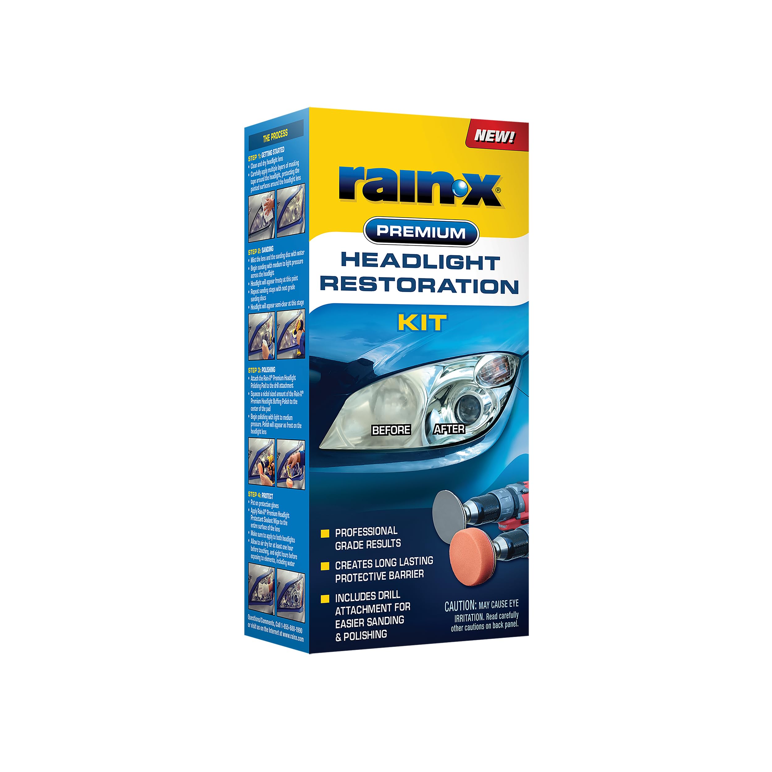 Headlight Restoration Kit Rain-X 610153 - Car Light Lens Cleaner/Restorer with Sanding & Polishing Drill Attachments & Sealant Wipe, Removes Scratches & Oxidation- All in 1 Long Lasting Formula