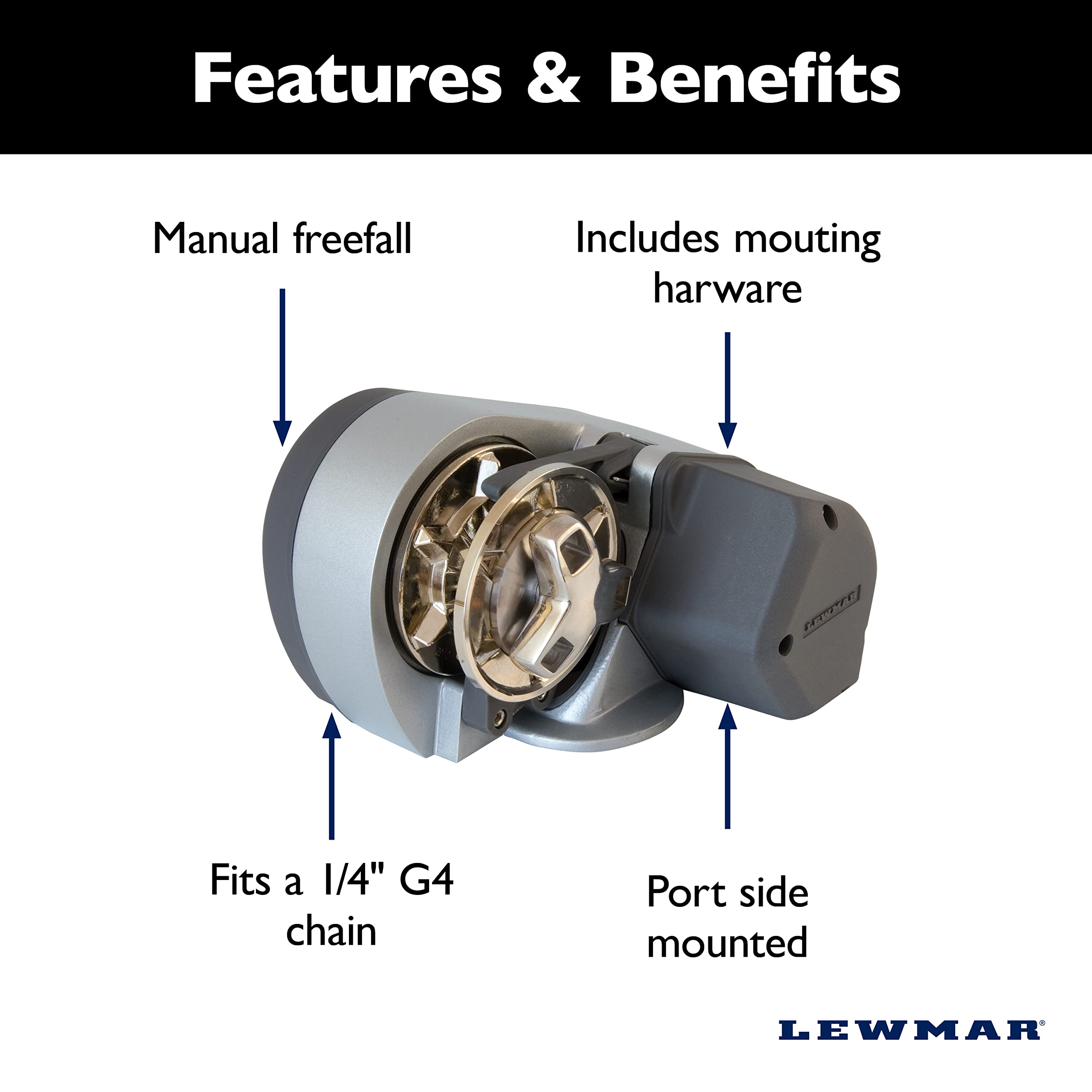 Lewmar 12V Pro Sport Windlass for 1/4" G4 Chain, Manual Freefall, Maximum pull 550 lbs., Port Side Mounted Gypsy, for Boats 20'-30' - 2020201167