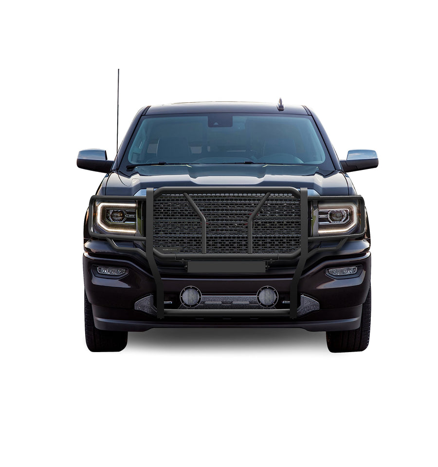 Heavy Duty Black Horse Rugged Grille Brush Bumper Guard Modular Black Come with Pair of 5.3" LED Lights Compatible with 2014-2018 Sierra 1500|2019-2022 Sierra 1500 Limited-RU-GMSI14-B-PLFB