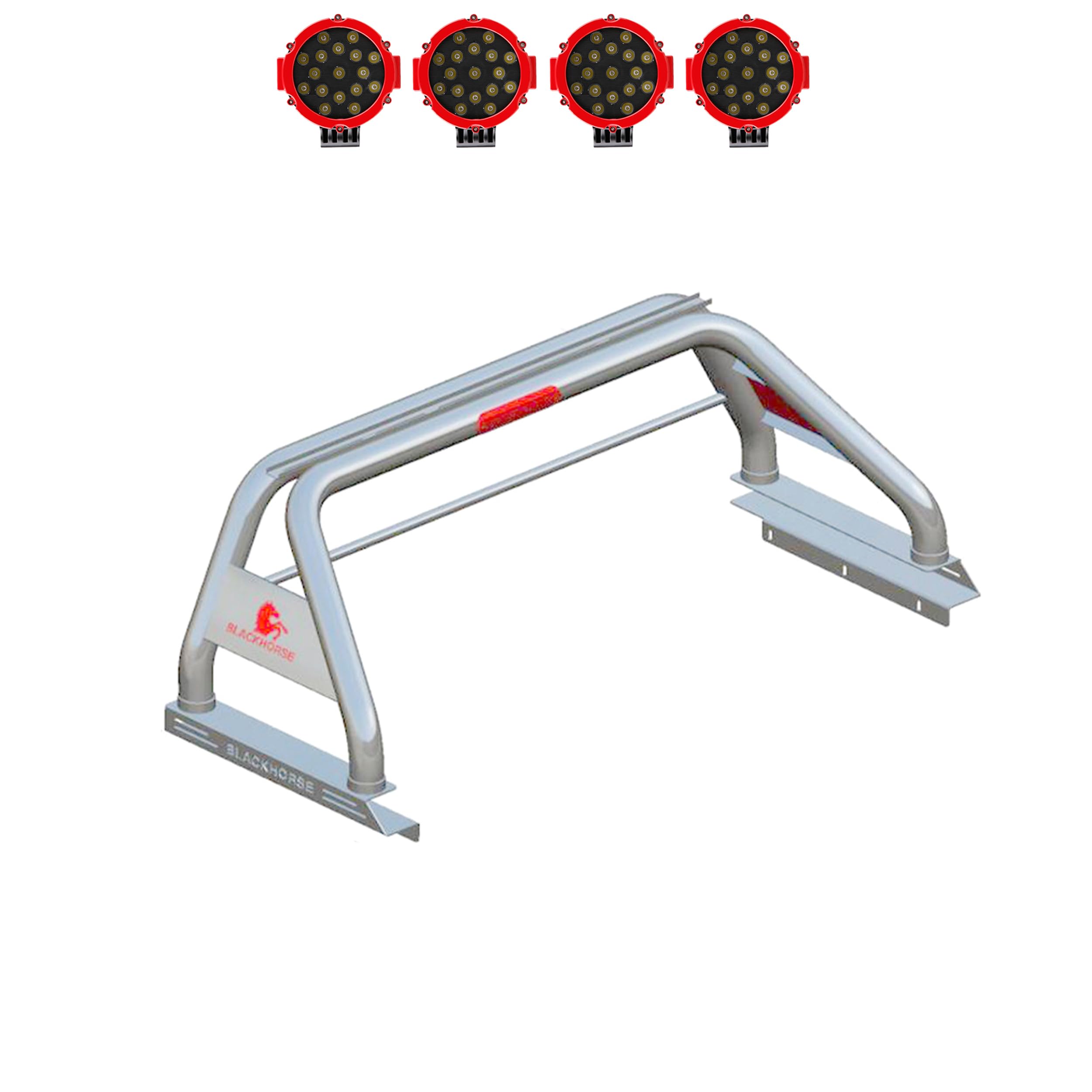 Classic Black Horse Roll Bar Incl. Pair of 7.0" Dia. LED Lights w/Red Trim Rings Stainless Steel Compatible with 2020-2024 Jeep Gladiator-RB09SS-PLR
