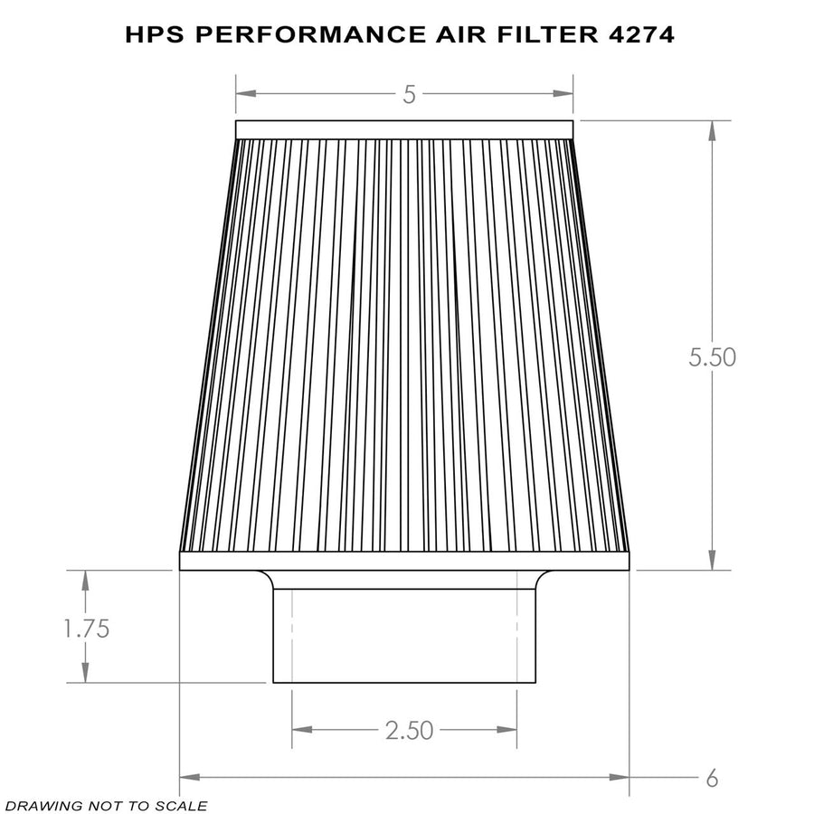 HPS Performance Air Filter 6" Element Length, 2.75" ID, 7.75" Overall Length, HPS-4274, Gray