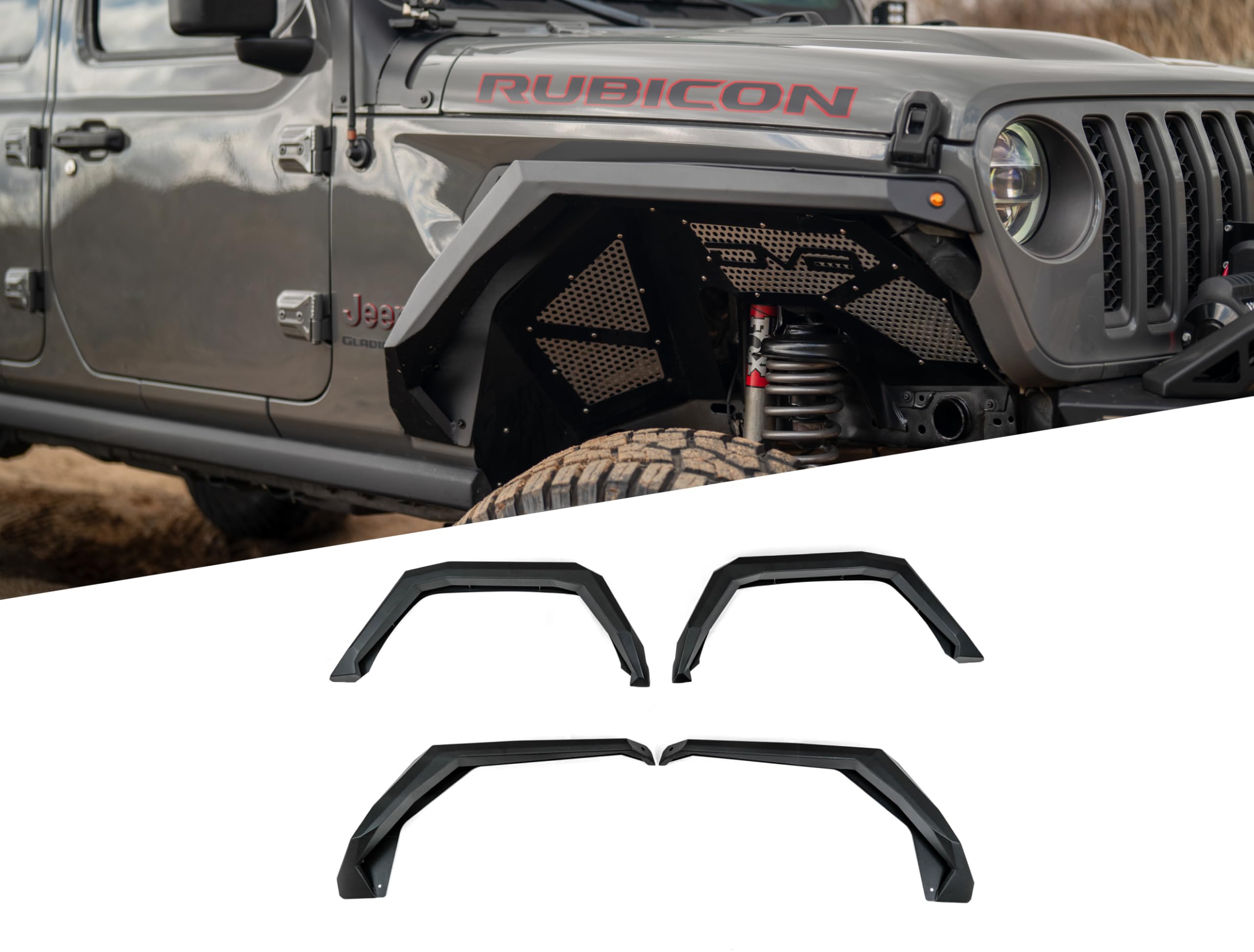 Armor Fender Flares DV8 Offroad for 2020-2025 Jeep Gladiator JT | Rigid Armor-Plated Steel Design | Narrow Width | Paintable Aluminum Accent Panels | (2) Amber Turn Signals | Powder Coated Black
