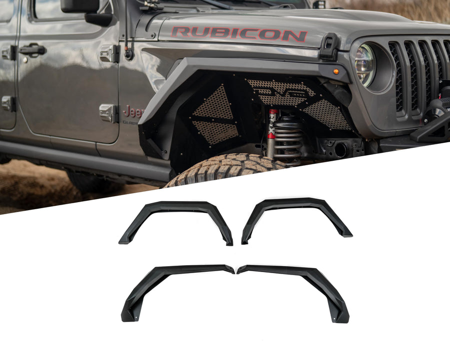 Armor Fender Flares DV8 Offroad for 2020-2025 Jeep Gladiator JT | Rigid Armor-Plated Steel Design | Narrow Width | Paintable Aluminum Accent Panels | (2) Amber Turn Signals | Powder Coated Black