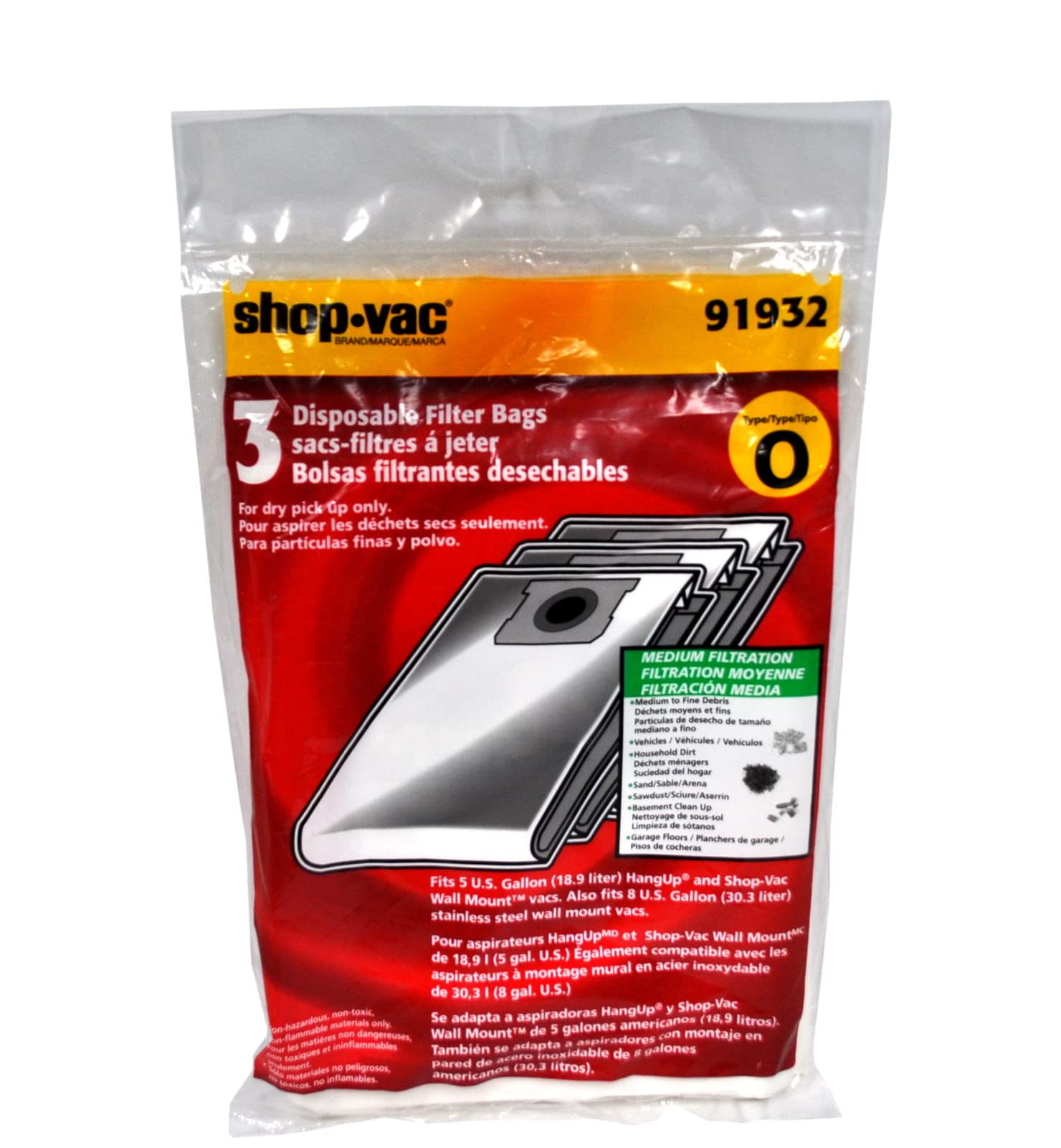 10 in. L x 8 in. W Shop-Vac Wet/Dry Vac Filter Bag 5 gal. White 3 pk