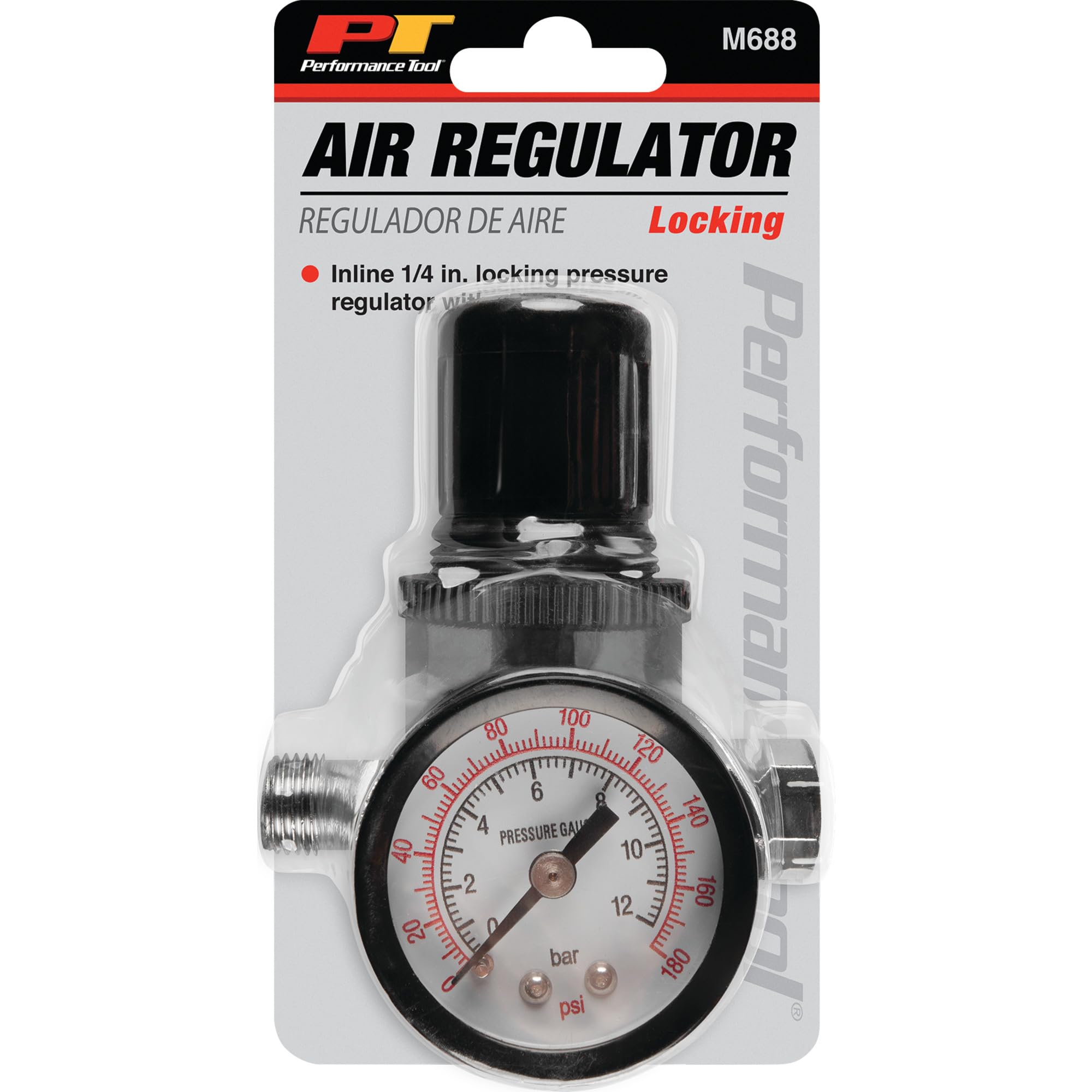 M688 Performance Tool Inline Locking Pressure Regulator with Gauge for Conventional and HVLP Spray Guns - 1/4 NPT, 0-180 PSI