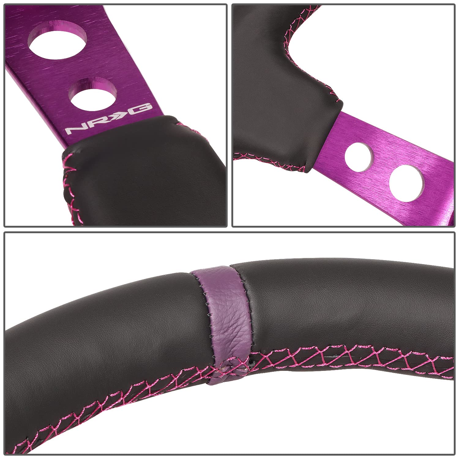 NRG Innovations Reinforced NRG-RST-006PP Steering Wheel 350MM Sport Steering Wheel (3" Deep), Black Leather, Purple Center Mark with Purple Stitching