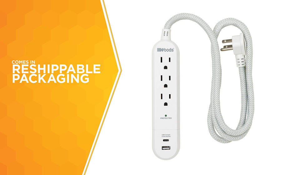 3-Outlet Surge Protector 41026 with 3.9A USB-A & USB-C Charger, 250 Joules of Surge Protection and 4' Braided Fabric Cord