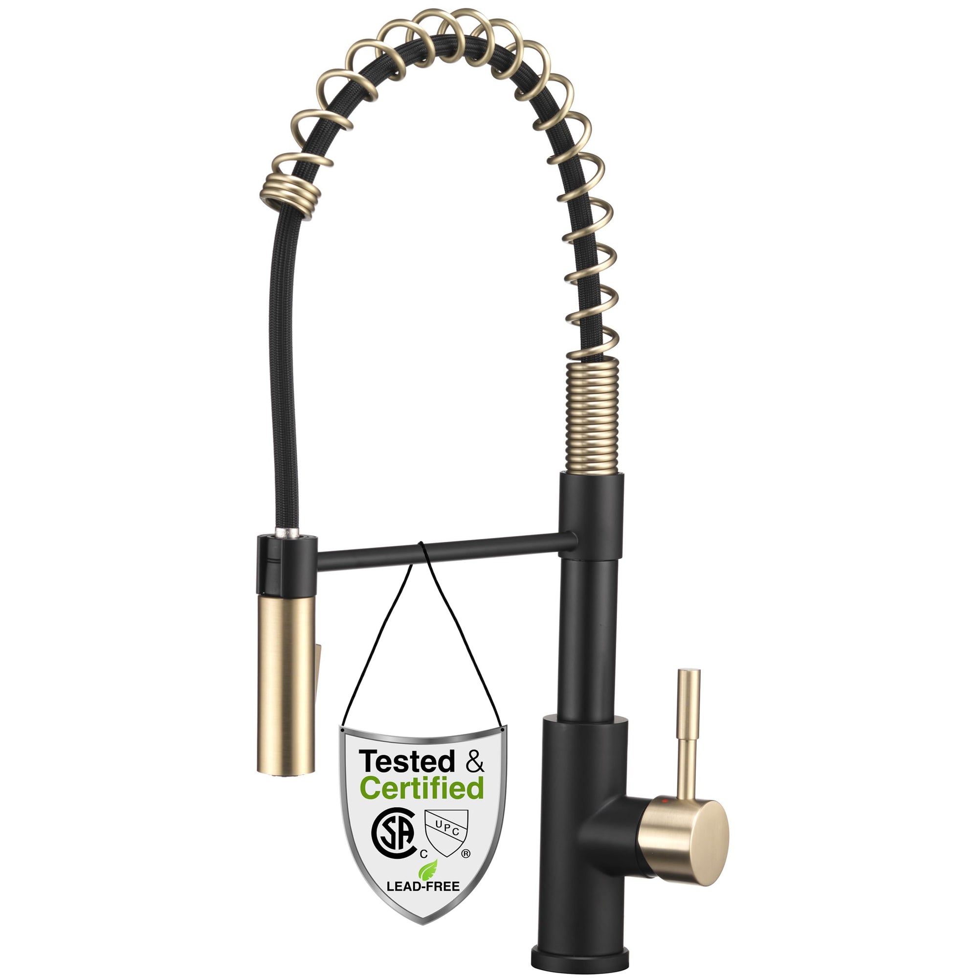 Dura Faucet RV Swivel DF-MK504SLK-MB High-Arc Spring Kitchen Sink Faucet - Single Handle - Kitchen Faucet with Pull-Down Sprayer - Optional Deck Plate (Matte Black/Matte Gold)